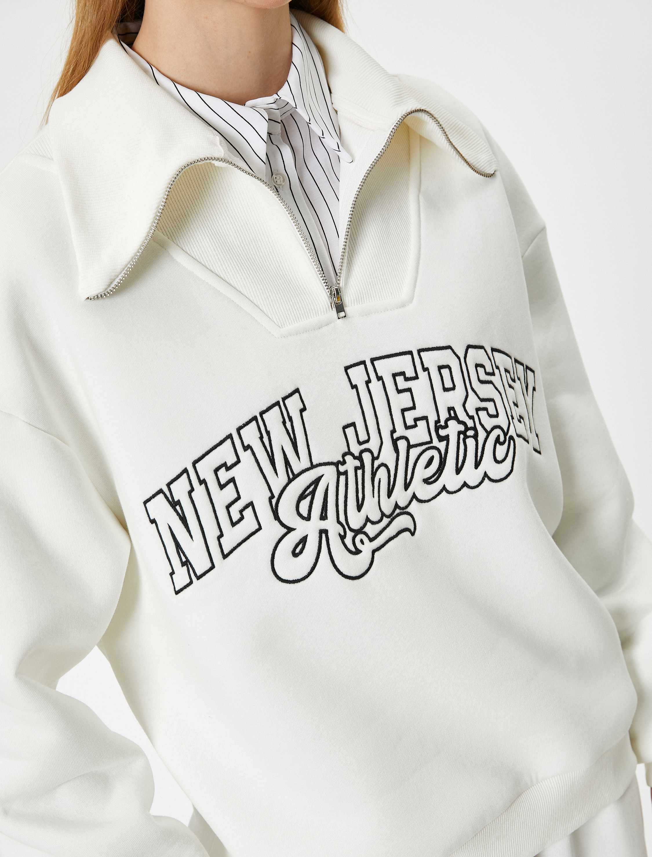   Şardonlu Kolej Sweatshirt Baskılı Yarım Fermuarlı Relax Fit İşlemeli Ribanalı