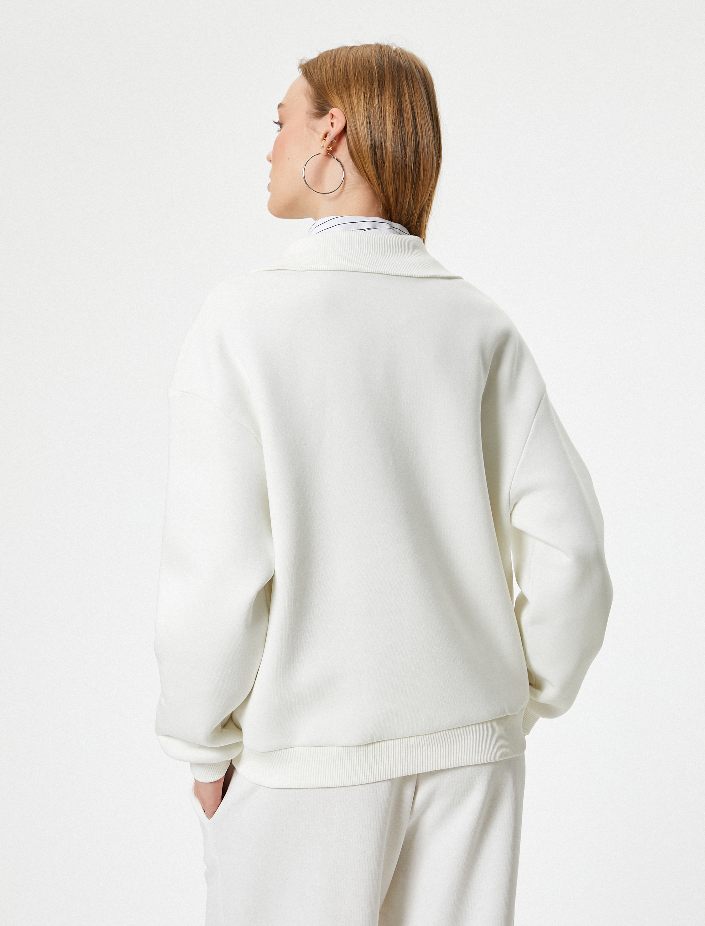   Şardonlu Kolej Sweatshirt Baskılı Yarım Fermuarlı Relax Fit İşlemeli Ribanalı