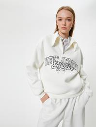 Kolej Sweatshirt Baskılı Yarım Fermuarlı Relax Fit İşlemeli Ribanalı