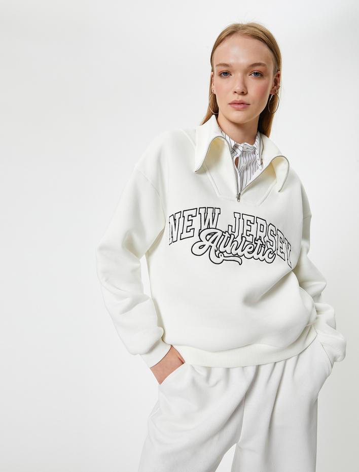  Şardonlu Kolej Sweatshirt Baskılı Yarım Fermuarlı Relax Fit İşlemeli Ribanalı