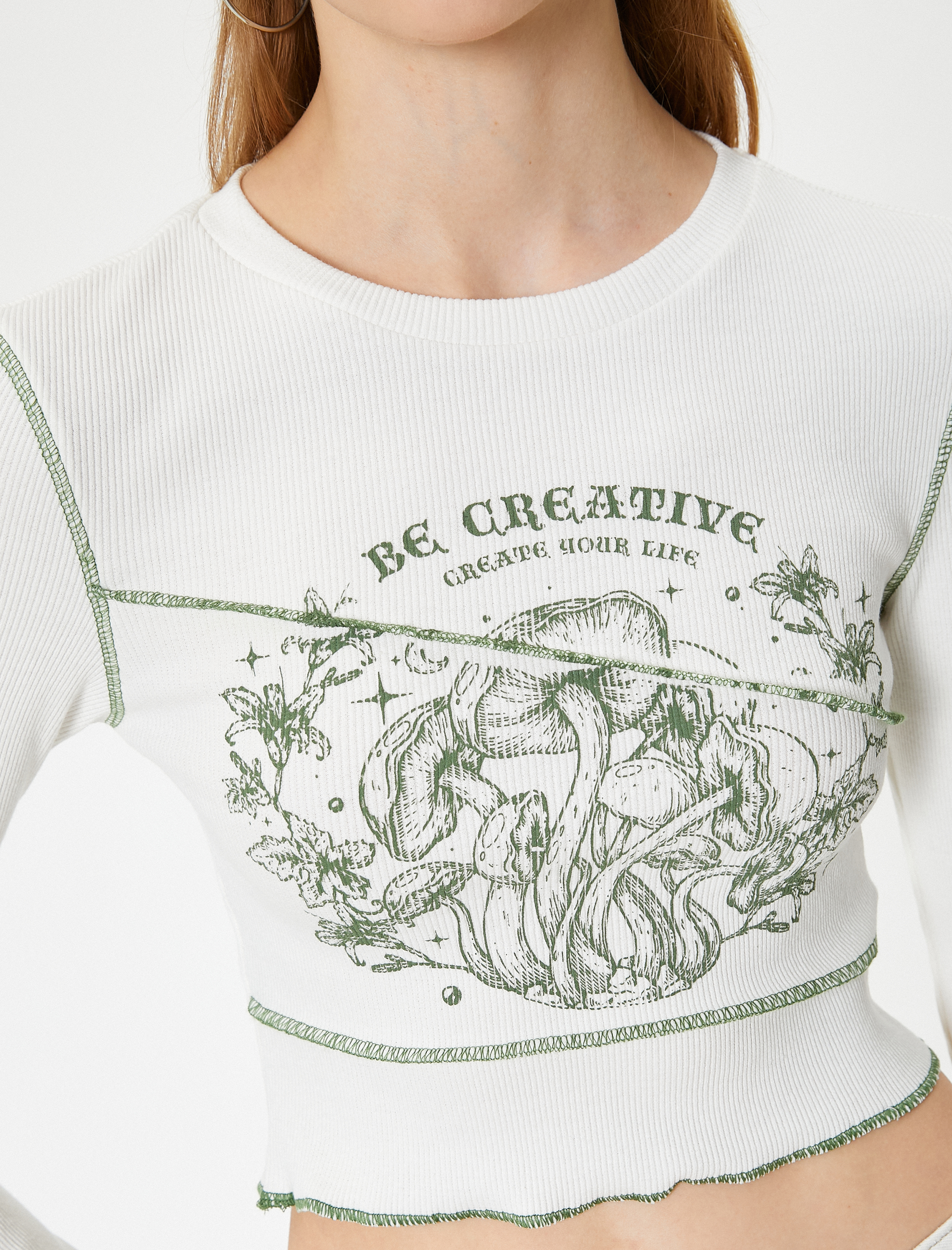   Uzun Kollu Slogan Baskılı Slim Fit Crop Tişört