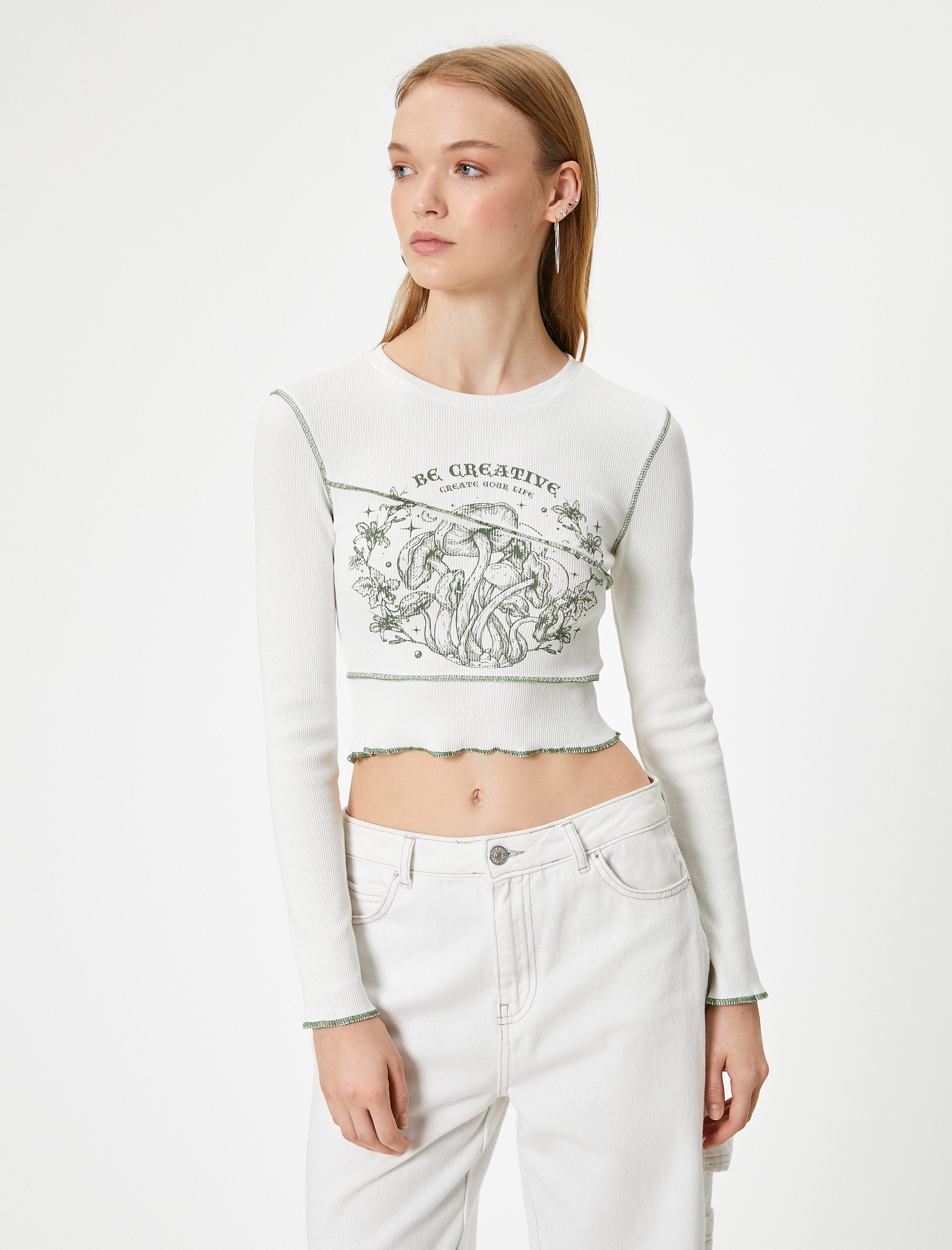   Uzun Kollu Slogan Baskılı Slim Fit Crop Tişört