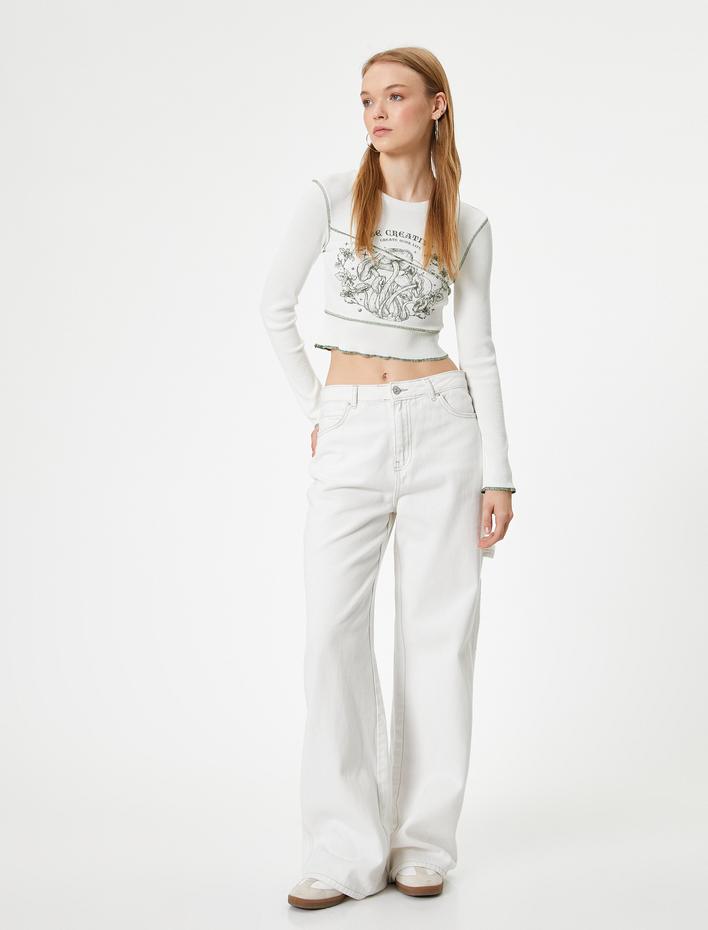  Uzun Kollu Slogan Baskılı Slim Fit Crop Tişört