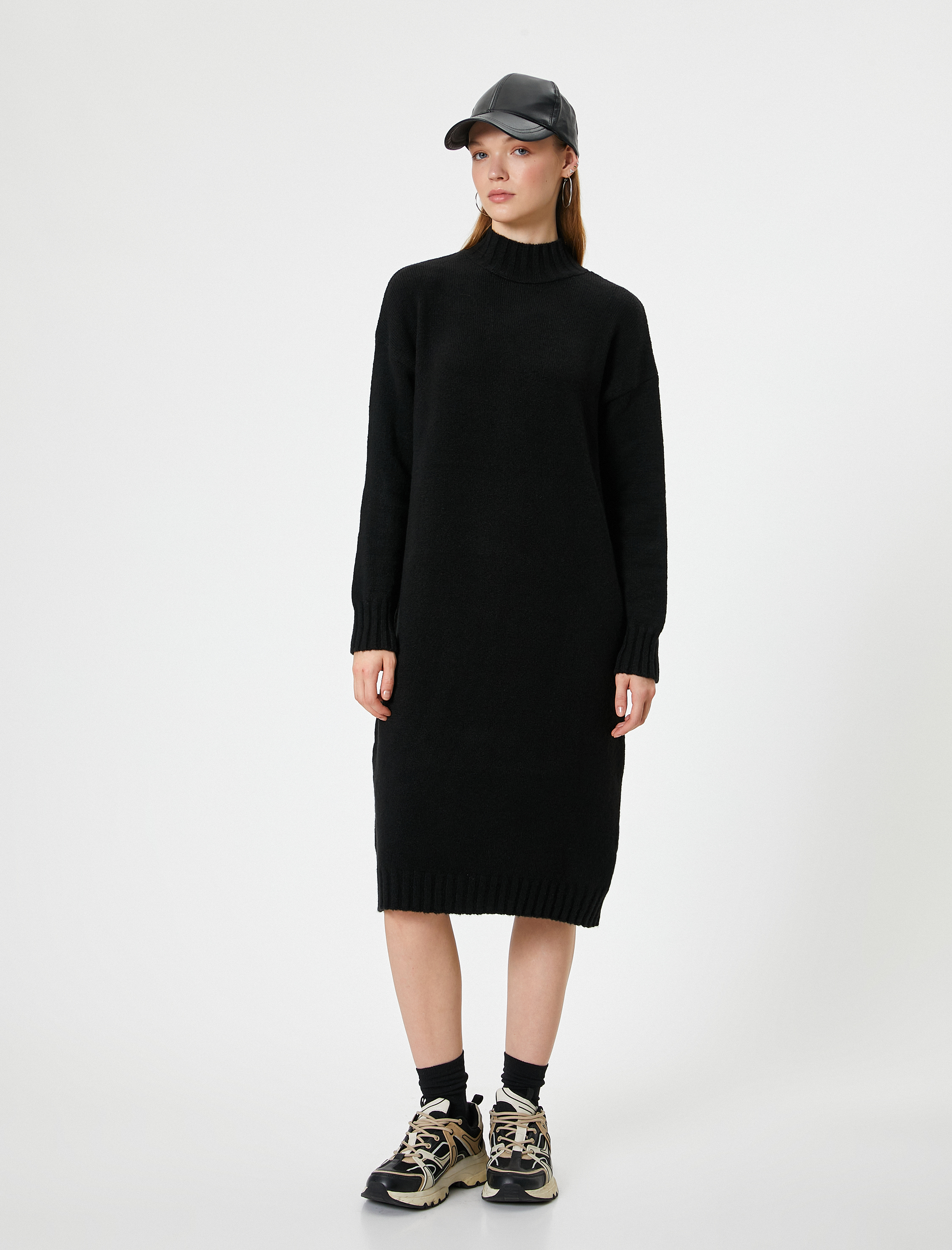   Triko Elbise Midi Dik Yaka Uzun Kollu Relax Fit