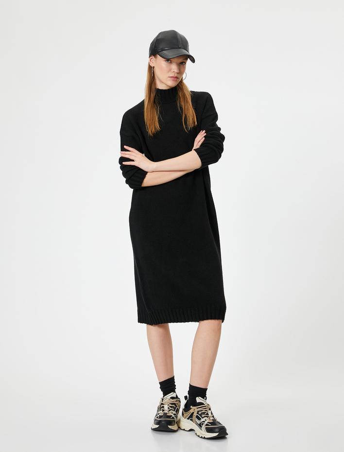  Triko Elbise Midi Dik Yaka Uzun Kollu Relax Fit