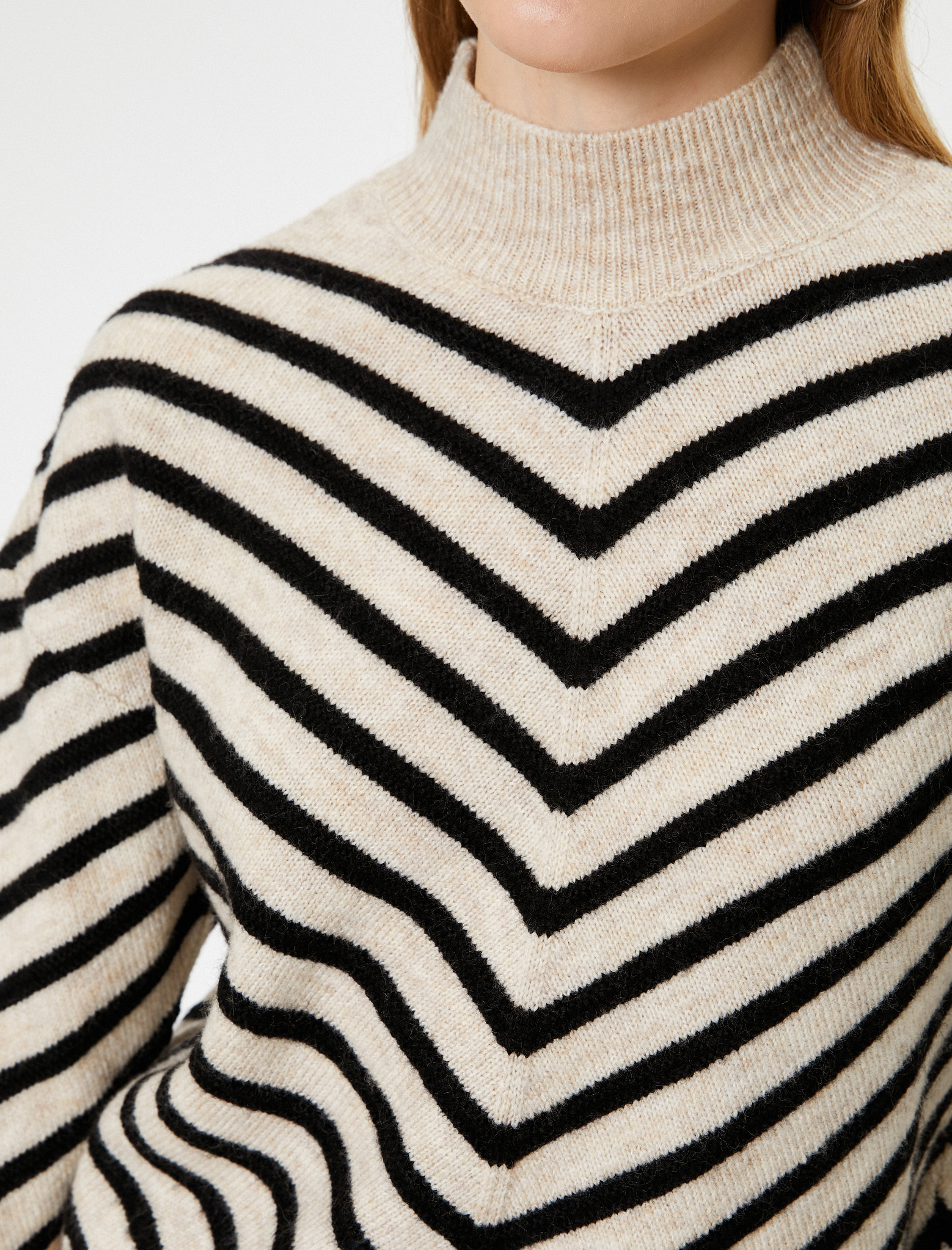   Triko Kazak Şerit Detaylı Dik Yaka Uzun Kollu Akrilik Karışımlı