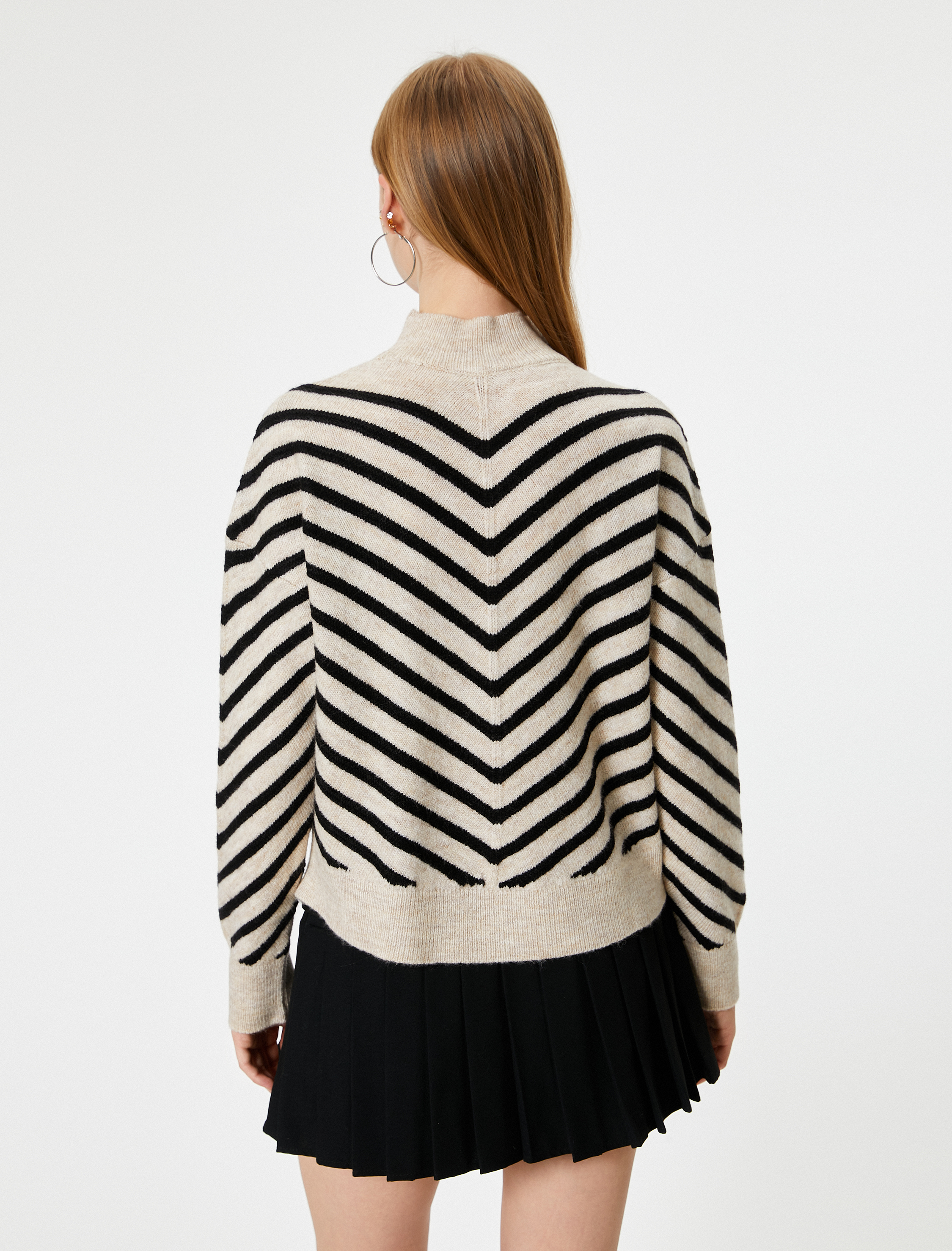   Triko Kazak Şerit Detaylı Dik Yaka Uzun Kollu Akrilik Karışımlı