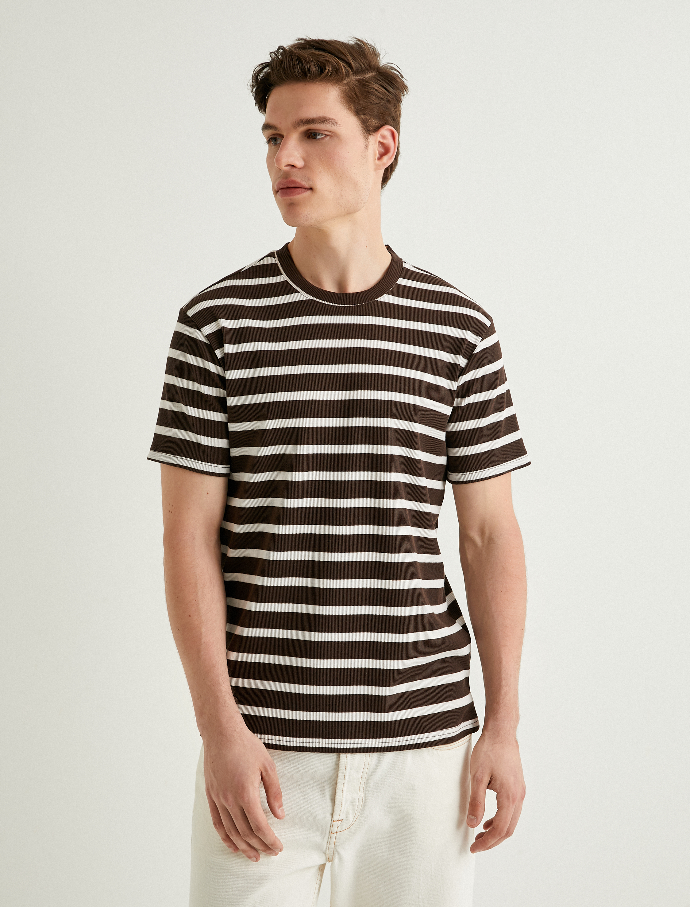   Kısa Kollu Bisiklet Yaka Slim Fit Çizgili Tişört