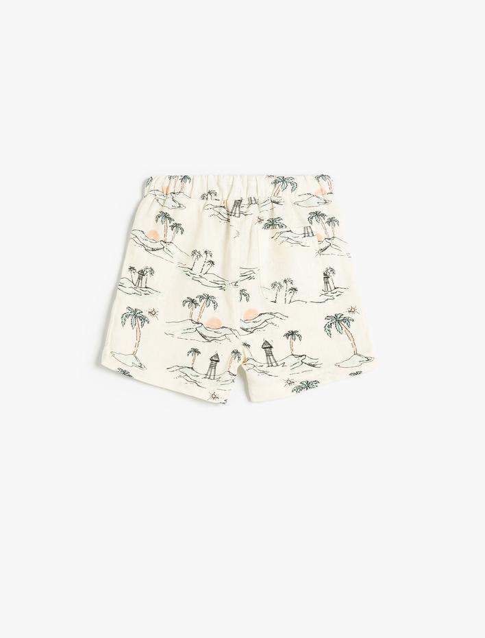 Erkek Bebek Keten Şort Beli Lastikli Cepli Palmiye Baskılı