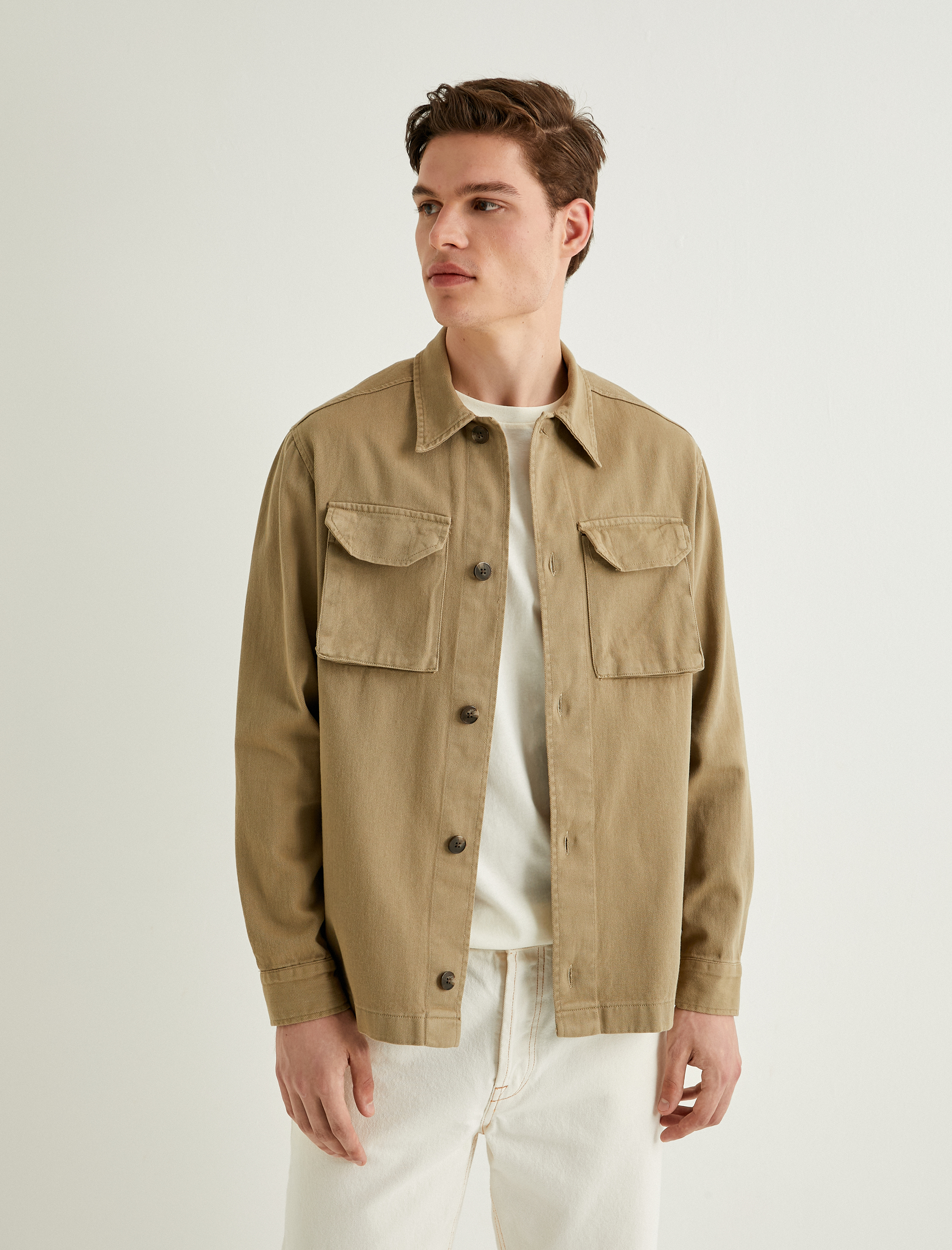   Uzun Kollu Gömlek Ceket Kapaklı Cep Detaylı Dokulu Pamuklu Regular Fit