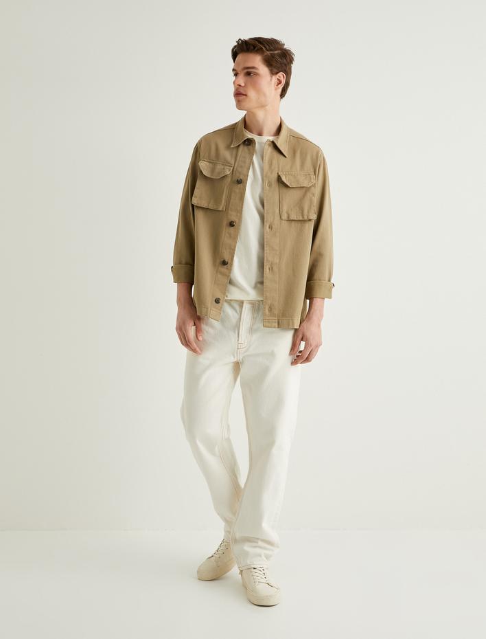  Uzun Kollu Gömlek Ceket Kapaklı Cep Detaylı Dokulu Pamuklu Regular Fit