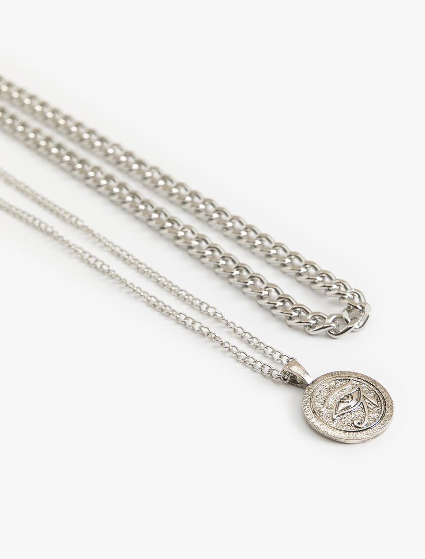  Erkek Zincir Kolye Seti 2'li Metal Charm Detaylı Sallantılı