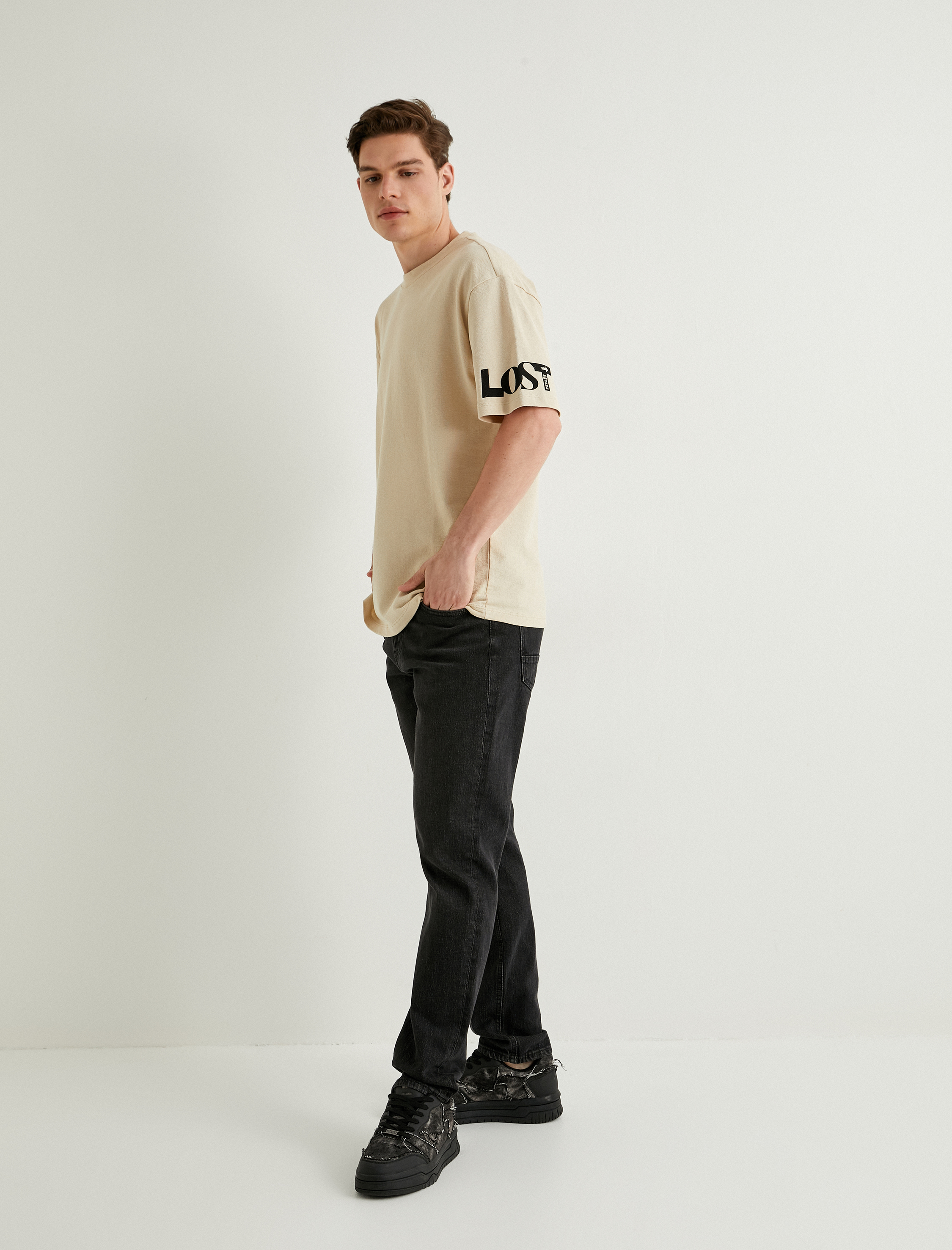   Oversize Tişört Slogan Baskılı Kısa Kollu Bisiklet Yaka Pamuklu