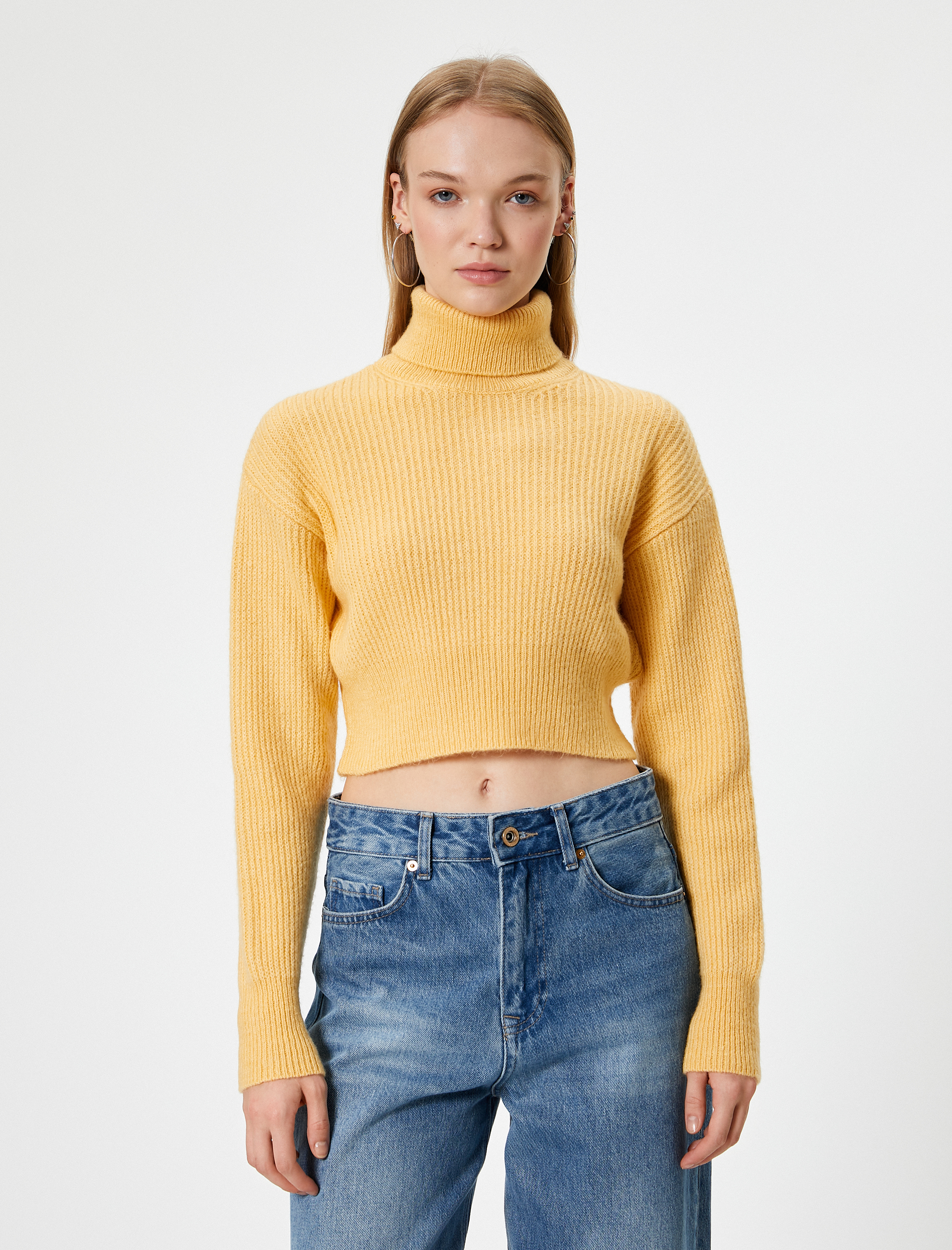   Crop Triko Kazak Balıkçı Yaka Uzun Kollu Akrilik Karışımlı