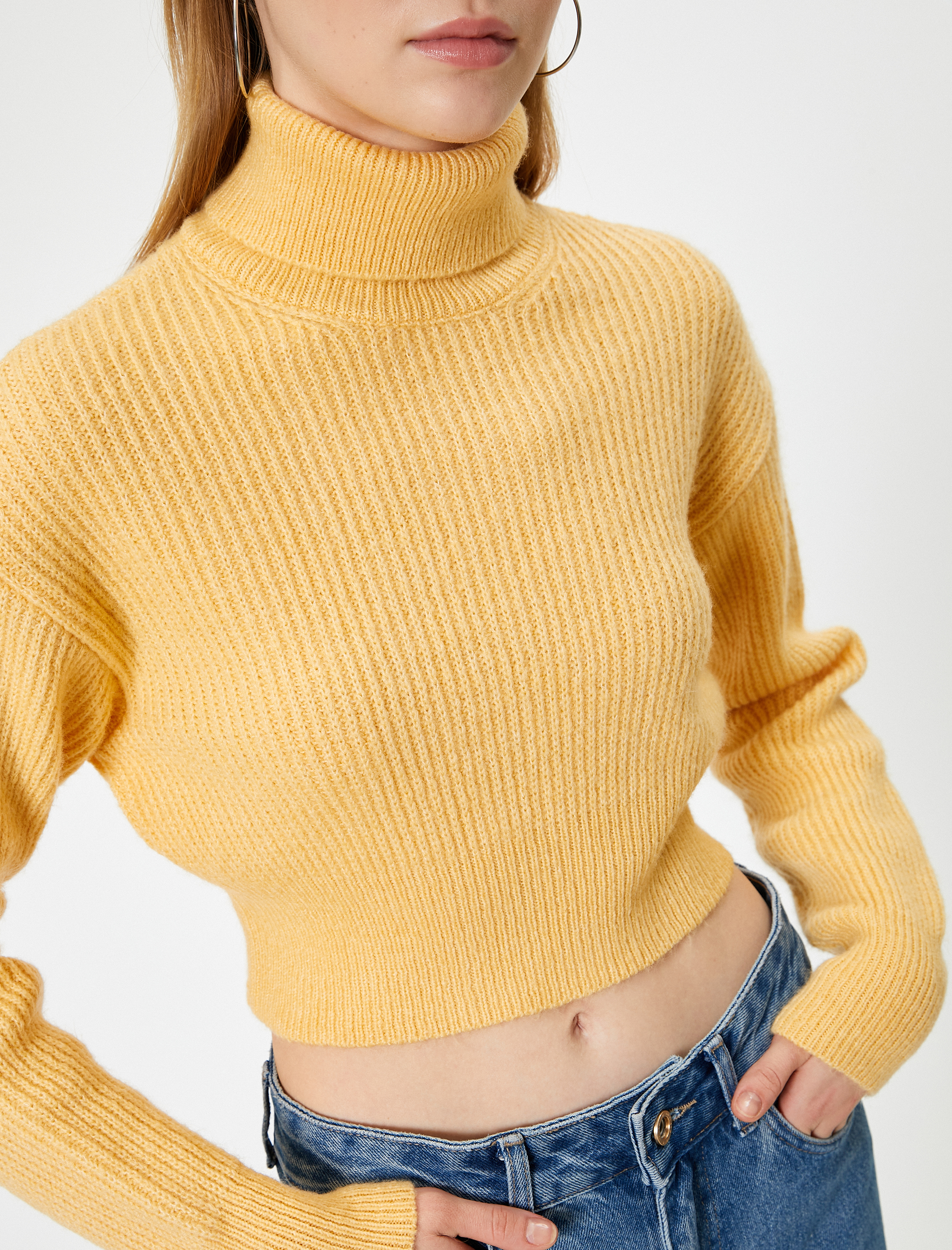   Crop Triko Kazak Balıkçı Yaka Uzun Kollu Akrilik Karışımlı