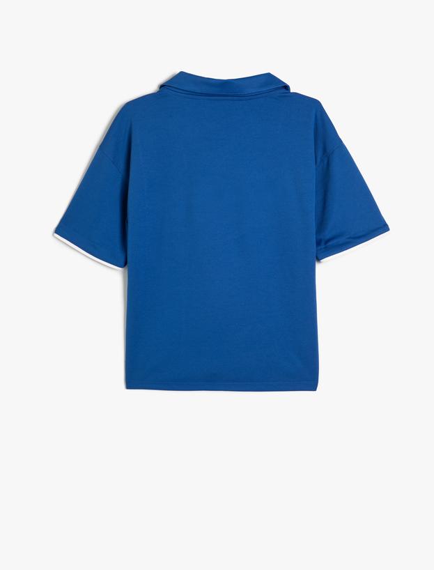 Oversize Tişört Polo Yaka Renk Bloklu Spor Baskılı Kısa Kollu_3