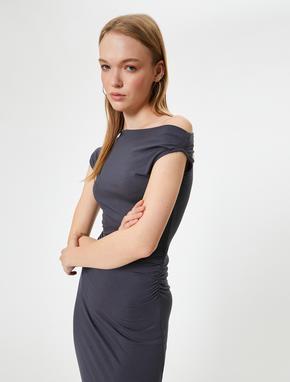 Midi Slip Elbise Asimetrik Yaka Kolsuz Drapeli Slim Fit_1