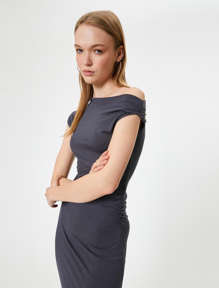  Midi Slip Elbise Asimetrik Yaka Kolsuz Drapeli Slim Fit