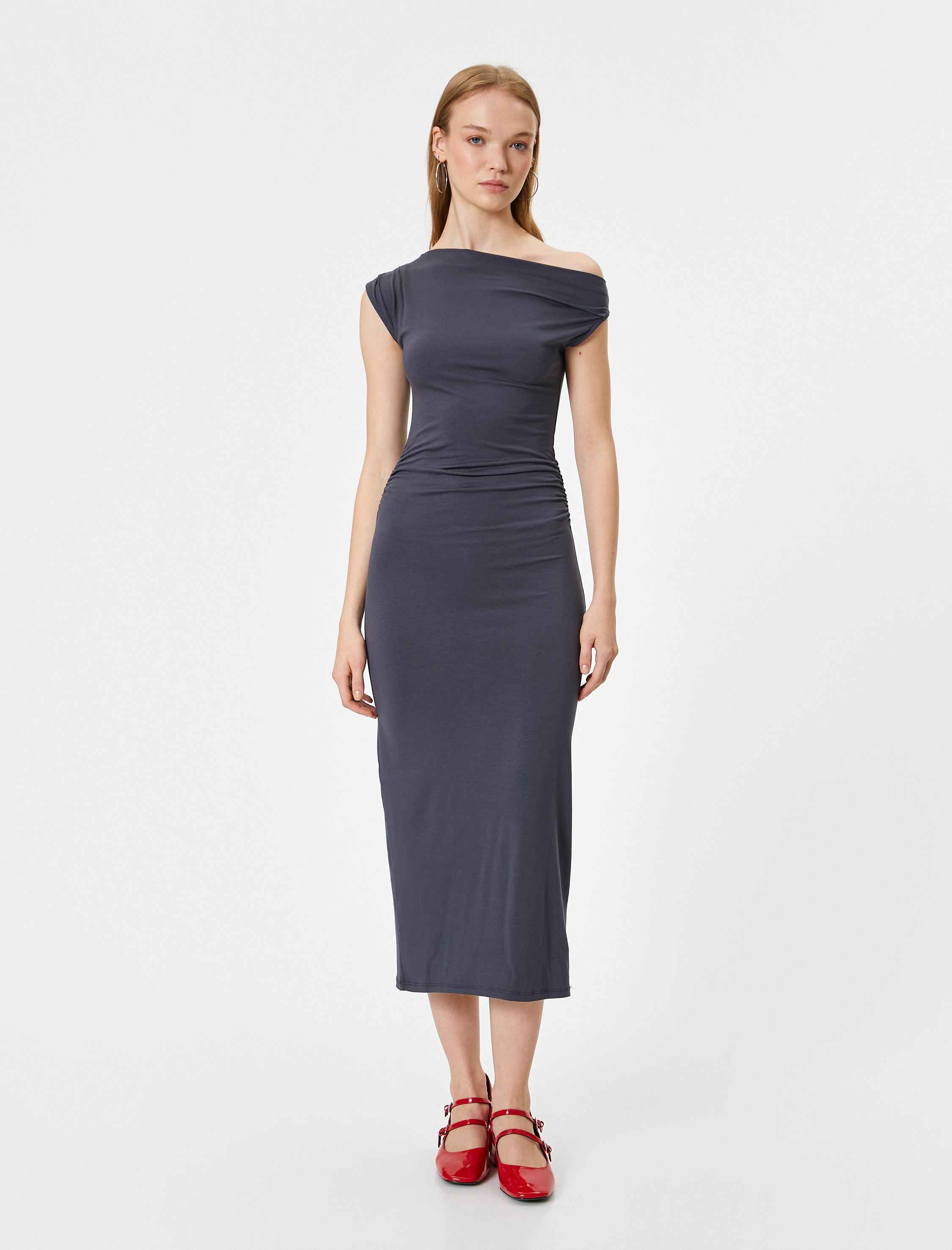 Midi Slip Elbise Asimetrik Yaka Kolsuz Drapeli Slim Fit