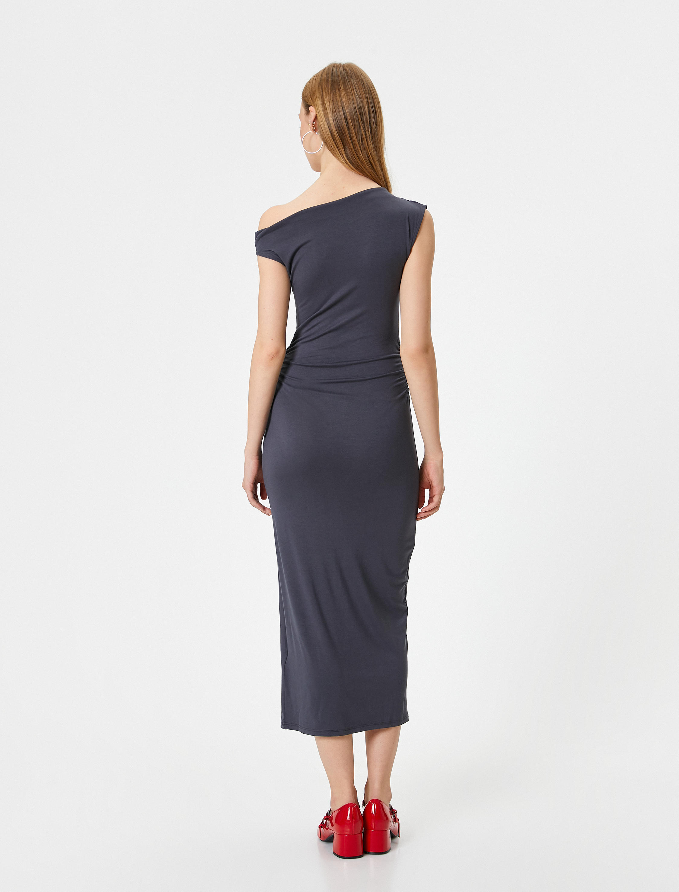 Midi Slip Elbise Asimetrik Yaka Kolsuz Drapeli Slim Fit