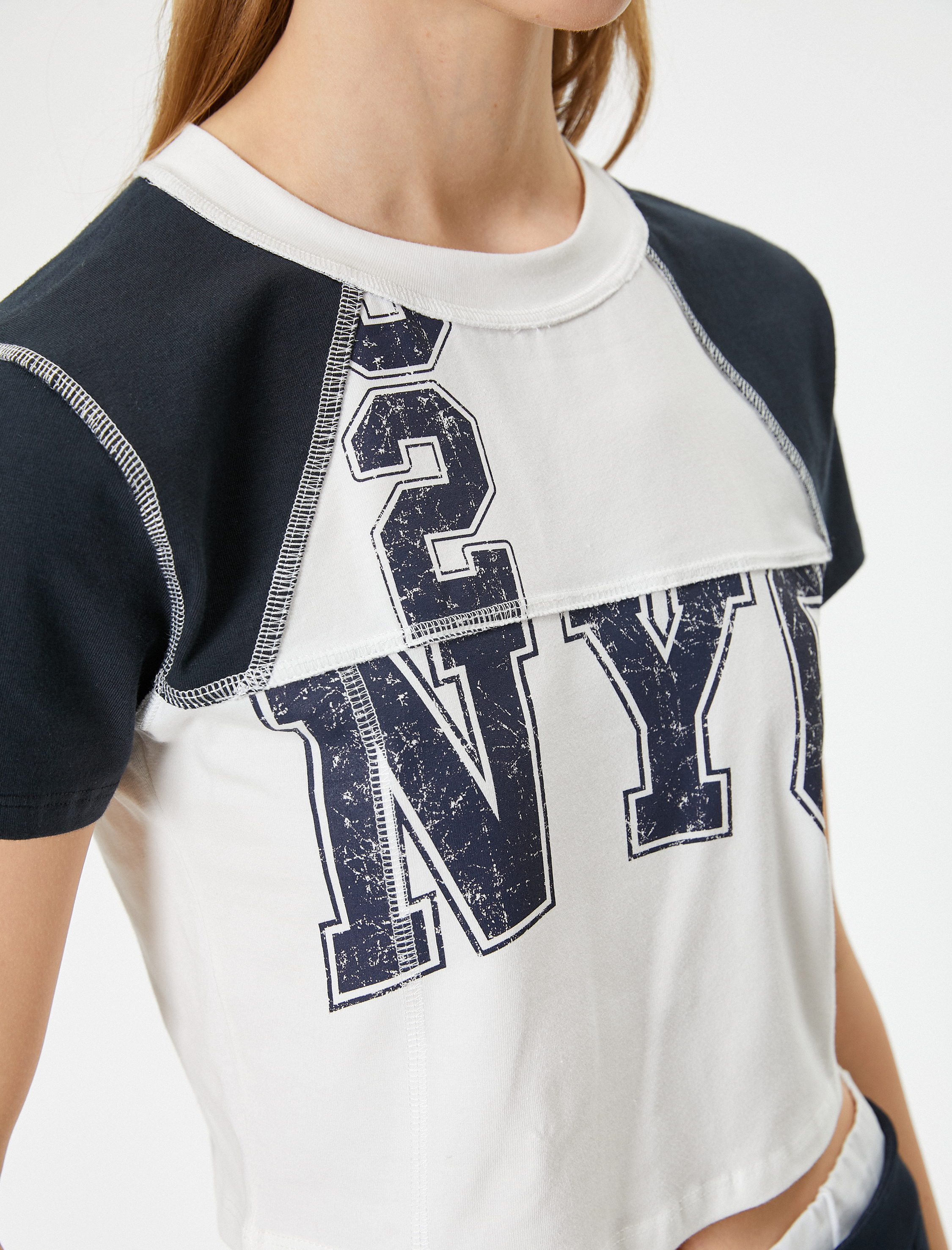   Crop Tişört Kolej Baskılı Bisiklet Yaka Slim Fit Renk Bloklu