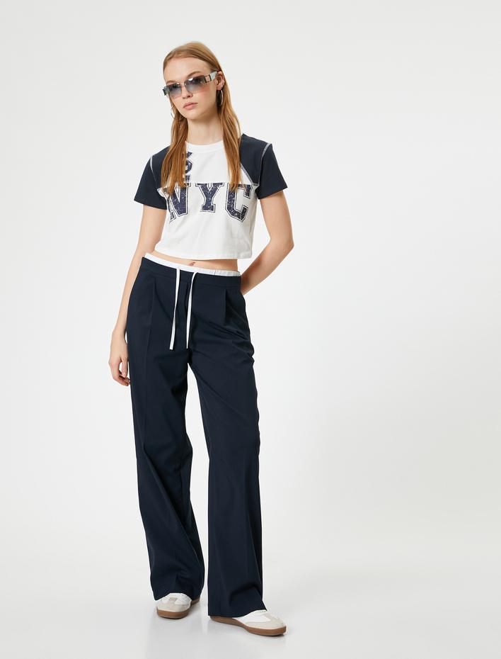  Crop Tişört Kolej Baskılı Bisiklet Yaka Slim Fit Renk Bloklu