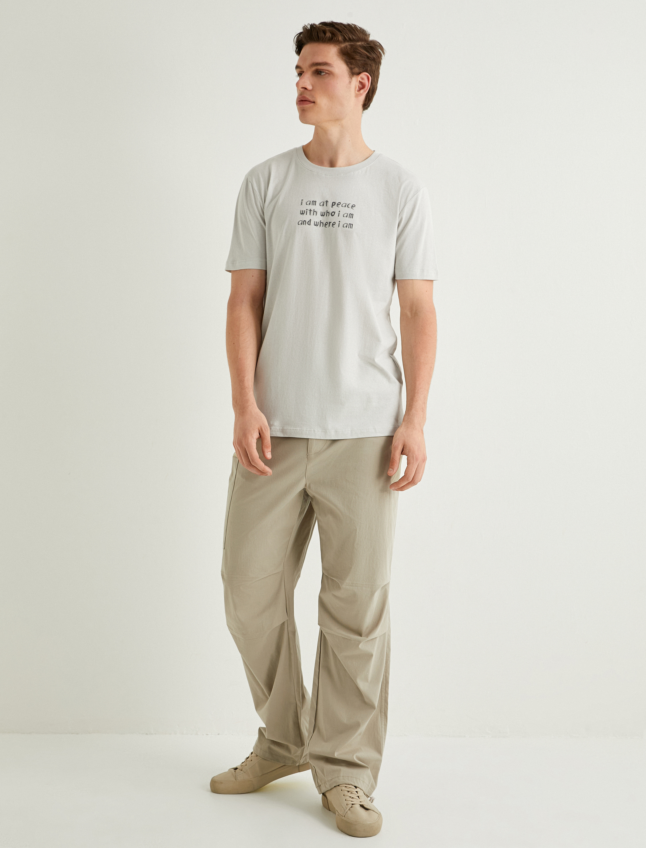   Slim Fit Tişört Slogan Baskılı Bisiklet Yaka Kısa Kollu Pamuklu