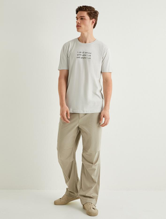  Slim Fit Tişört Slogan Baskılı Bisiklet Yaka Kısa Kollu Pamuklu