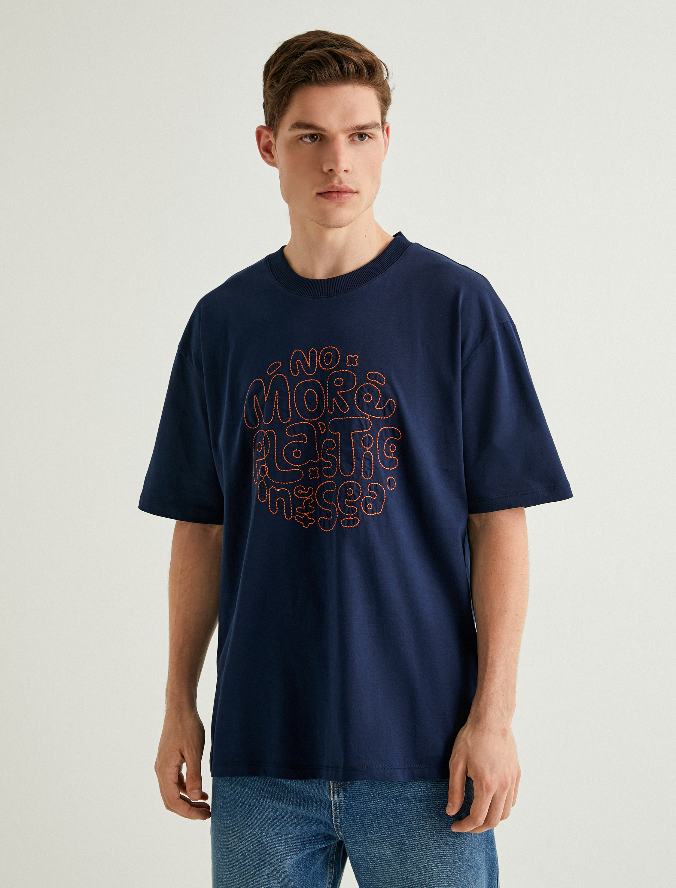   Oversize Tişört Slogan Baskılı Kısa Kollu Bisiklet Yaka