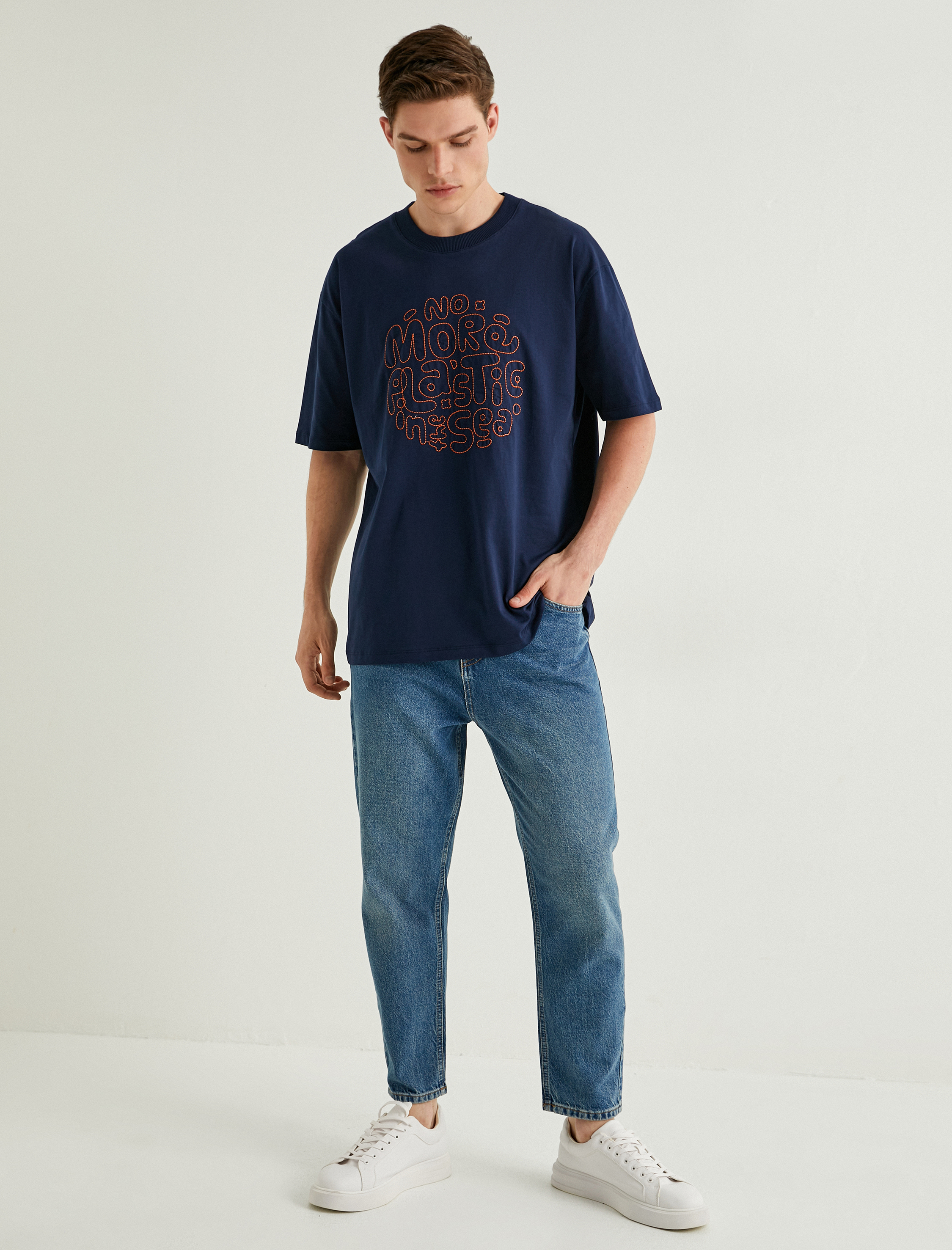   Oversize Tişört Slogan Baskılı Kısa Kollu Bisiklet Yaka