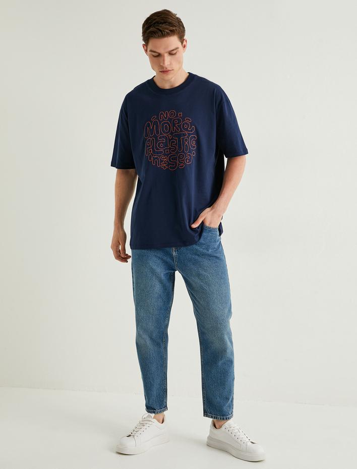  Oversize Tişört Slogan Baskılı Kısa Kollu Bisiklet Yaka