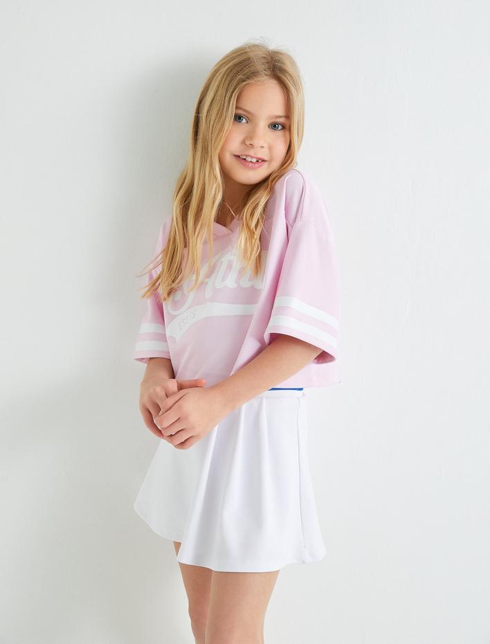 Kız Çocuk Tişört V Yaka Kısa Kollu Baskılı Renk Bloklu Rahat Kesim