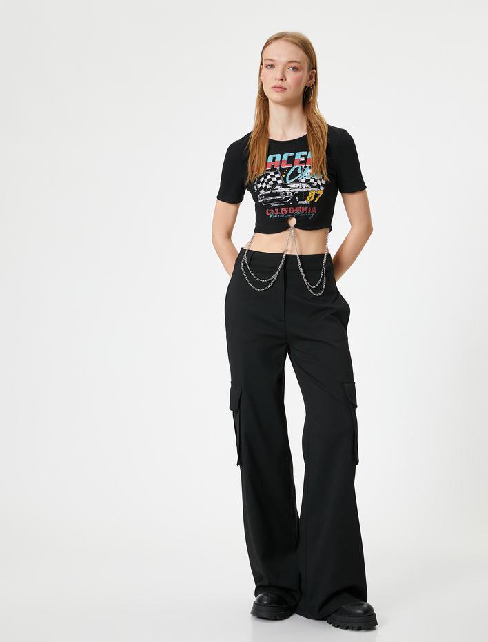  Crop Tişört Yarış Temalı Baskılı Zincir Detaylı Slim Fit Bisiklet Yaka