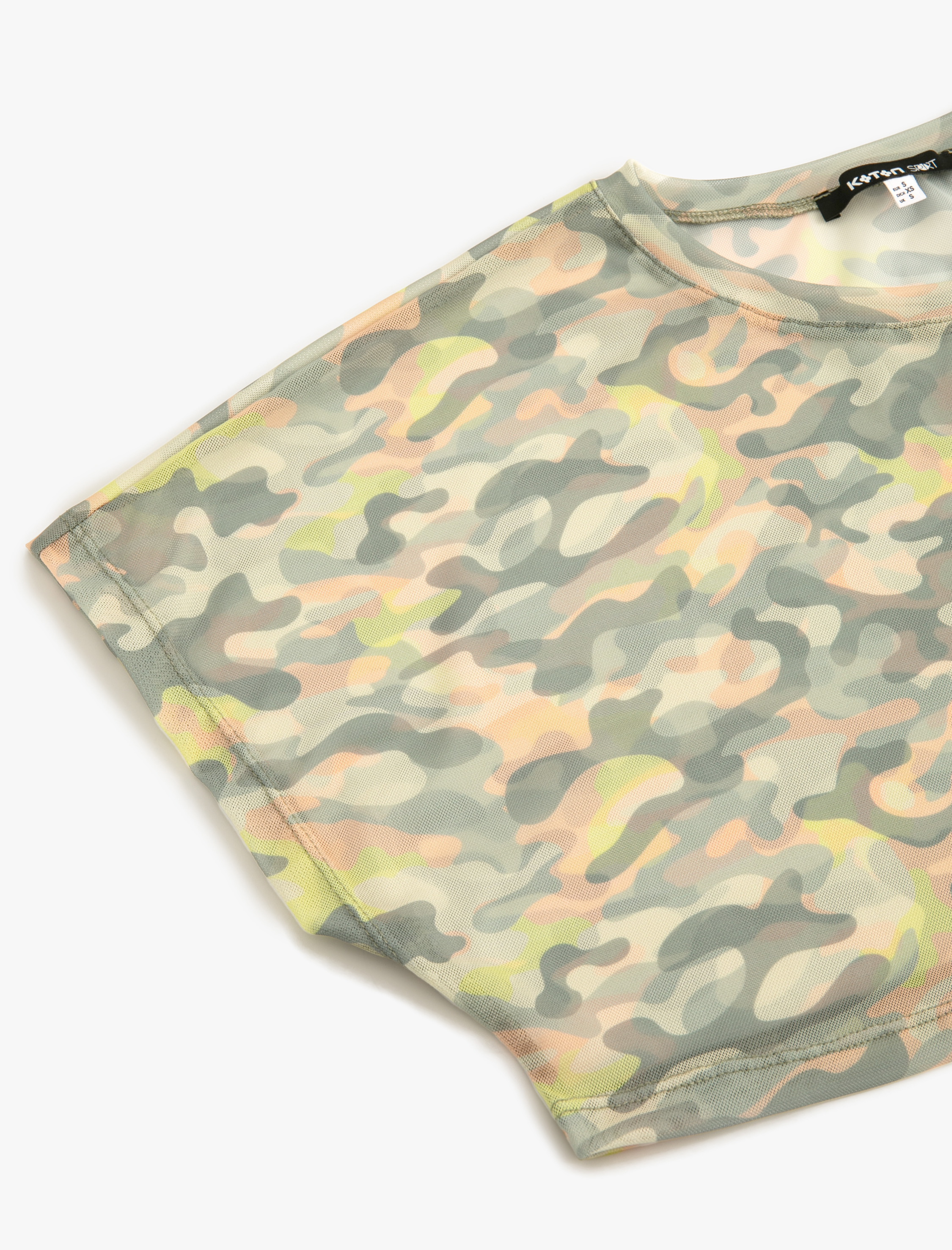   Transparan Crop Tişört Spor Kısa Kollu Bisiklet Yaka Kamuflaj Desenli