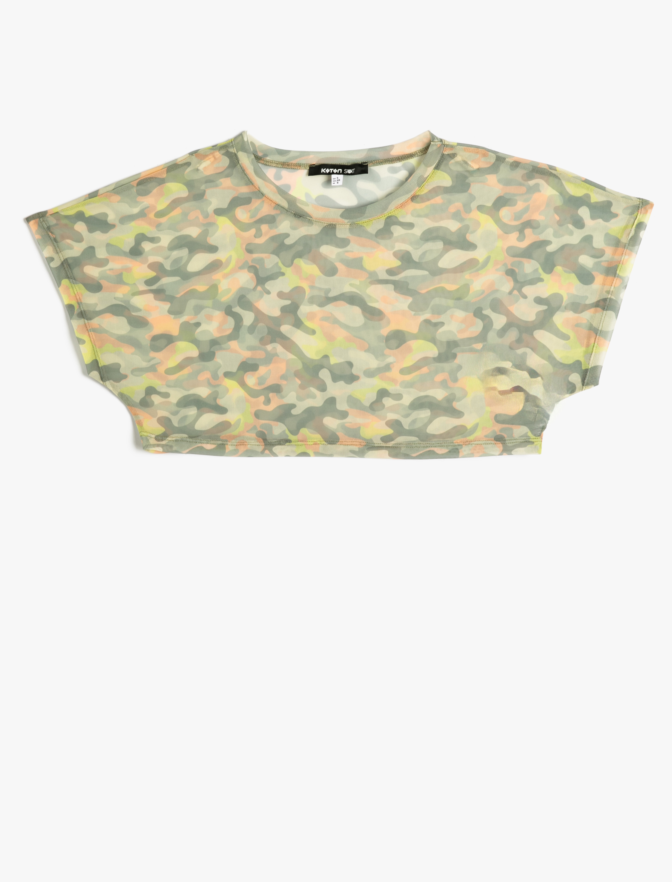   Transparan Crop Tişört Spor Kısa Kollu Bisiklet Yaka Kamuflaj Desenli