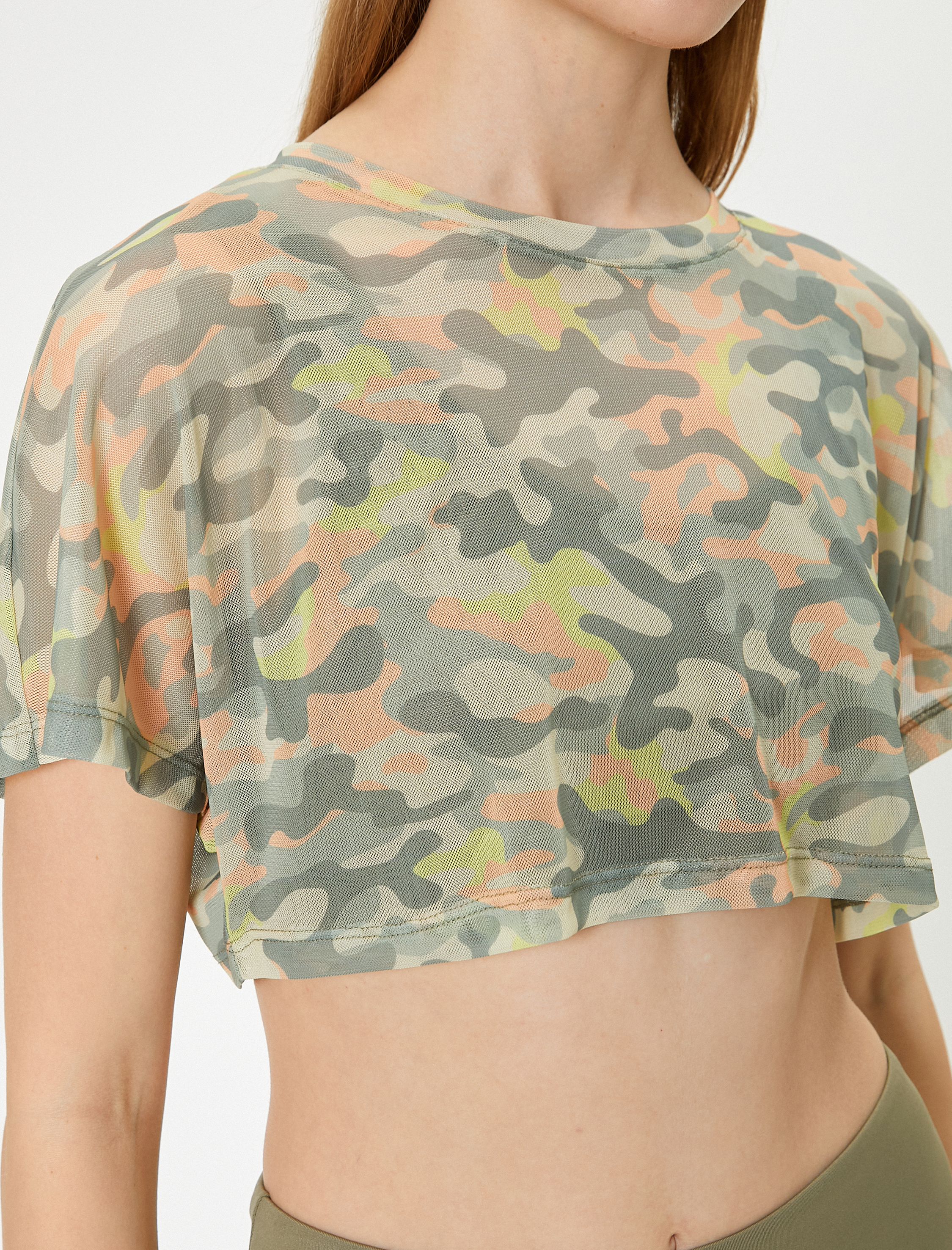  Transparan Crop Tişört Spor Kısa Kollu Bisiklet Yaka Kamuflaj Desenli