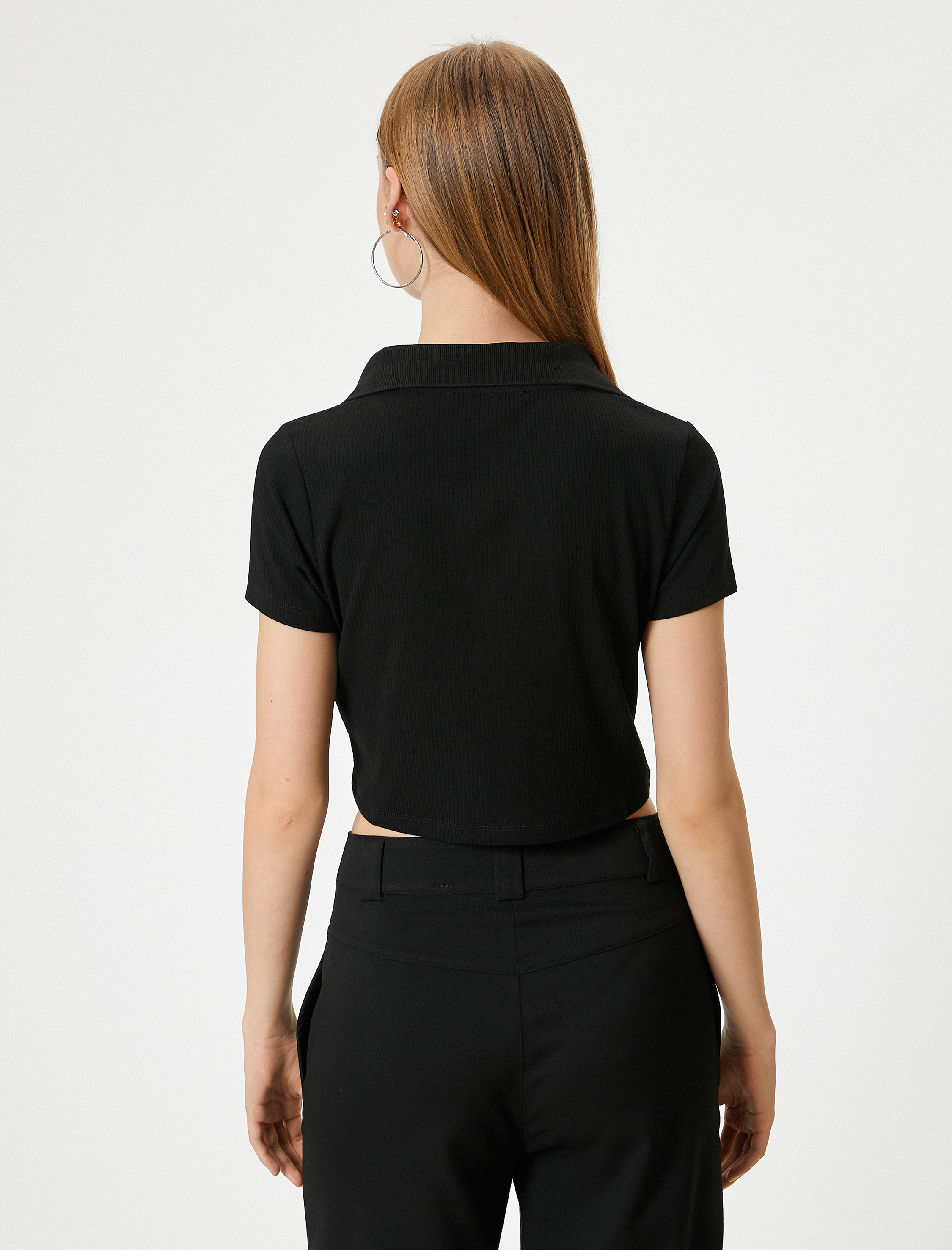 Crop Polo Yaka Tişört Kısa Kollu Slim Fit Kaşkorse Viskon