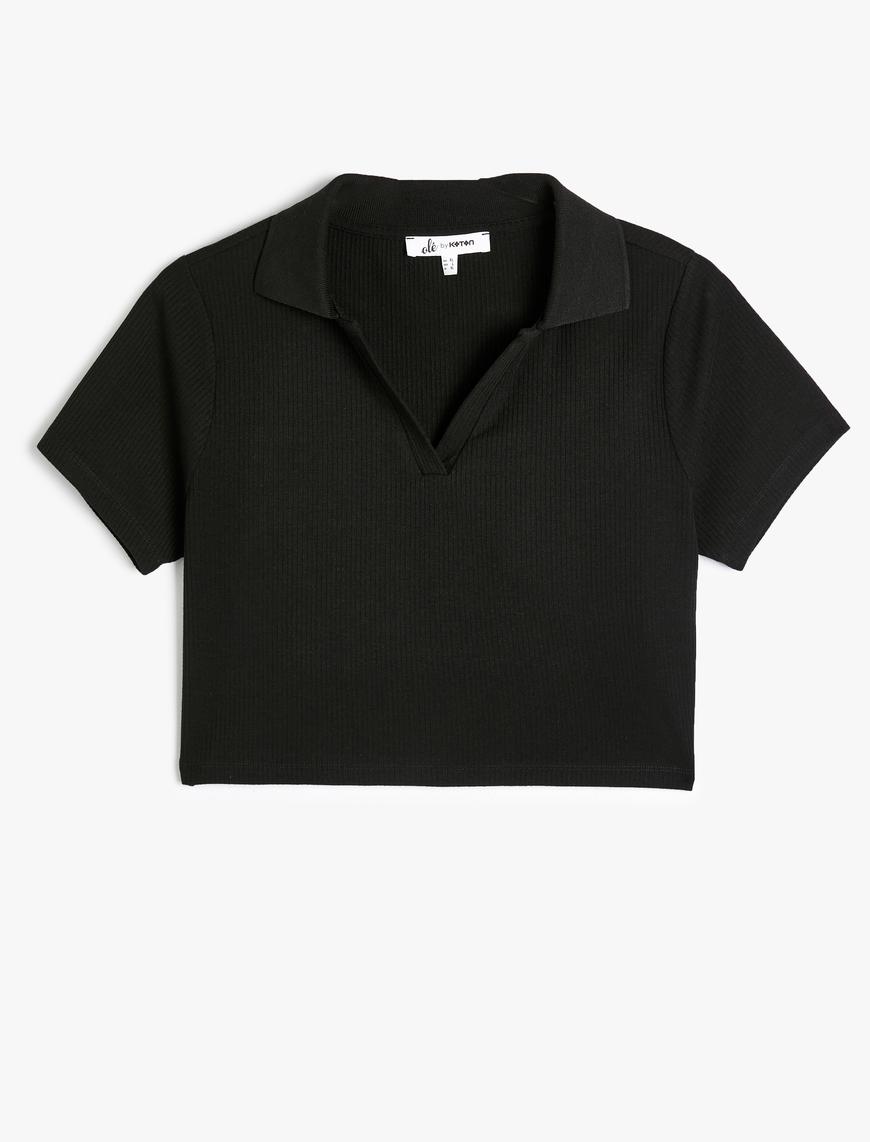 Crop Polo Yaka Ti ort K sa Kollu Slim Fit Ka korse Viskon