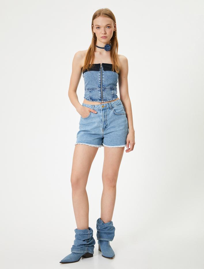  Mini Kot Şort Yüksek Bel Cep Detaylı