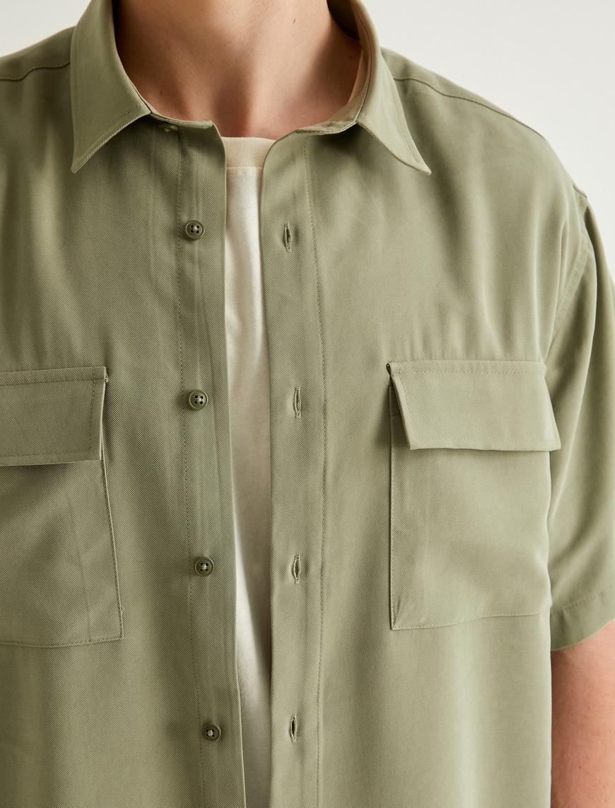   Kısa Kollu Gömlek Düğmeli Kapaklı Cep Detaylı Viskoz Kumaş