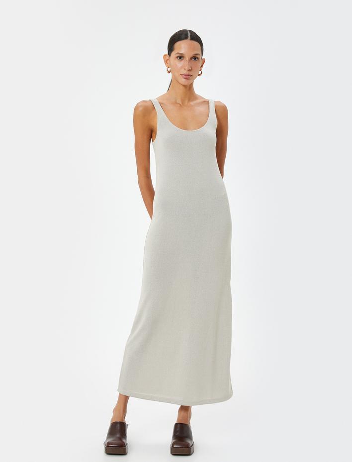  Uzun Kalem Elbise Kalın Askılı U Yaka Dokulu Viskon Kumaş Karışımlı