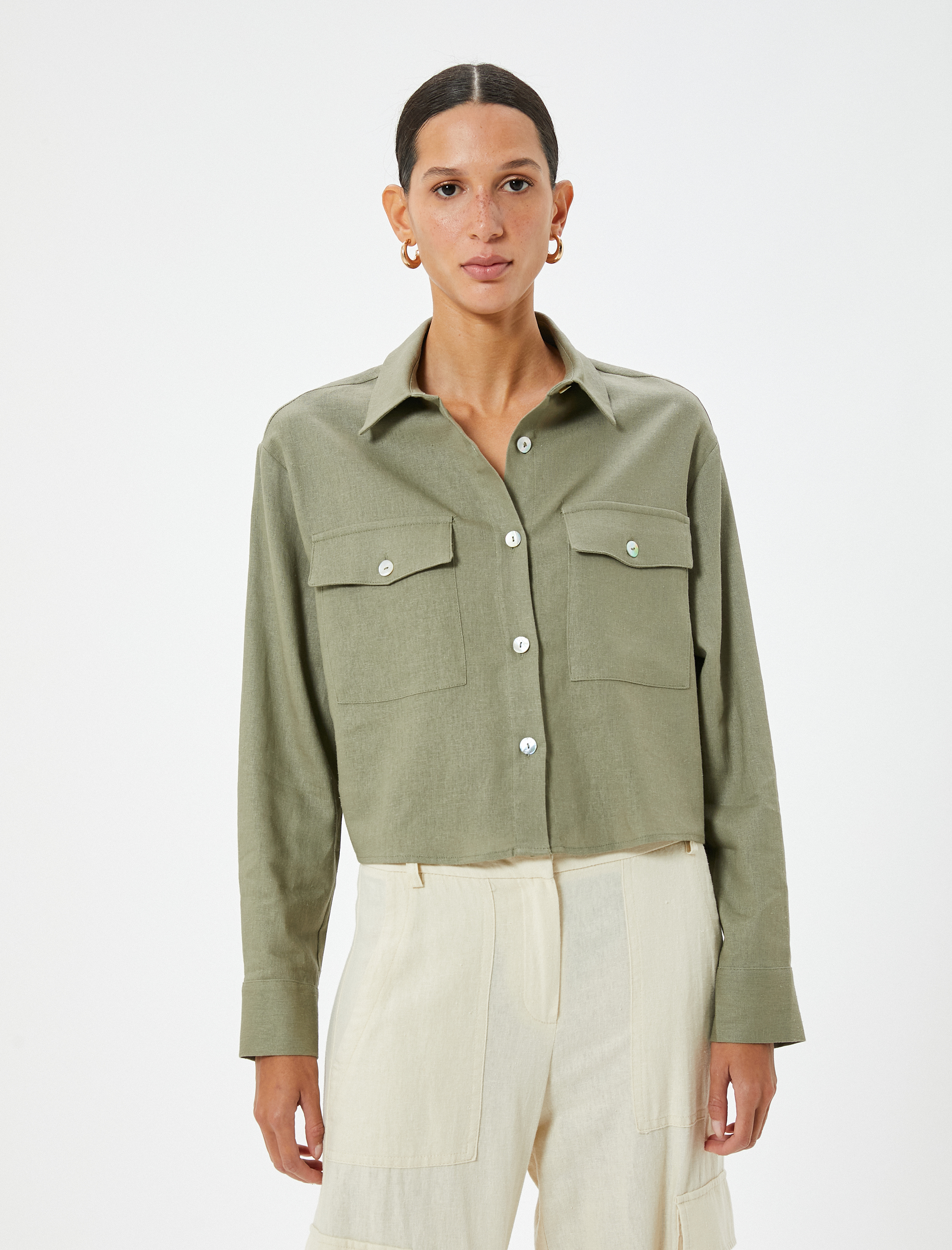   Crop Gömlek Keten Karışımlı Uzun Kollu Cepli Düğmeli