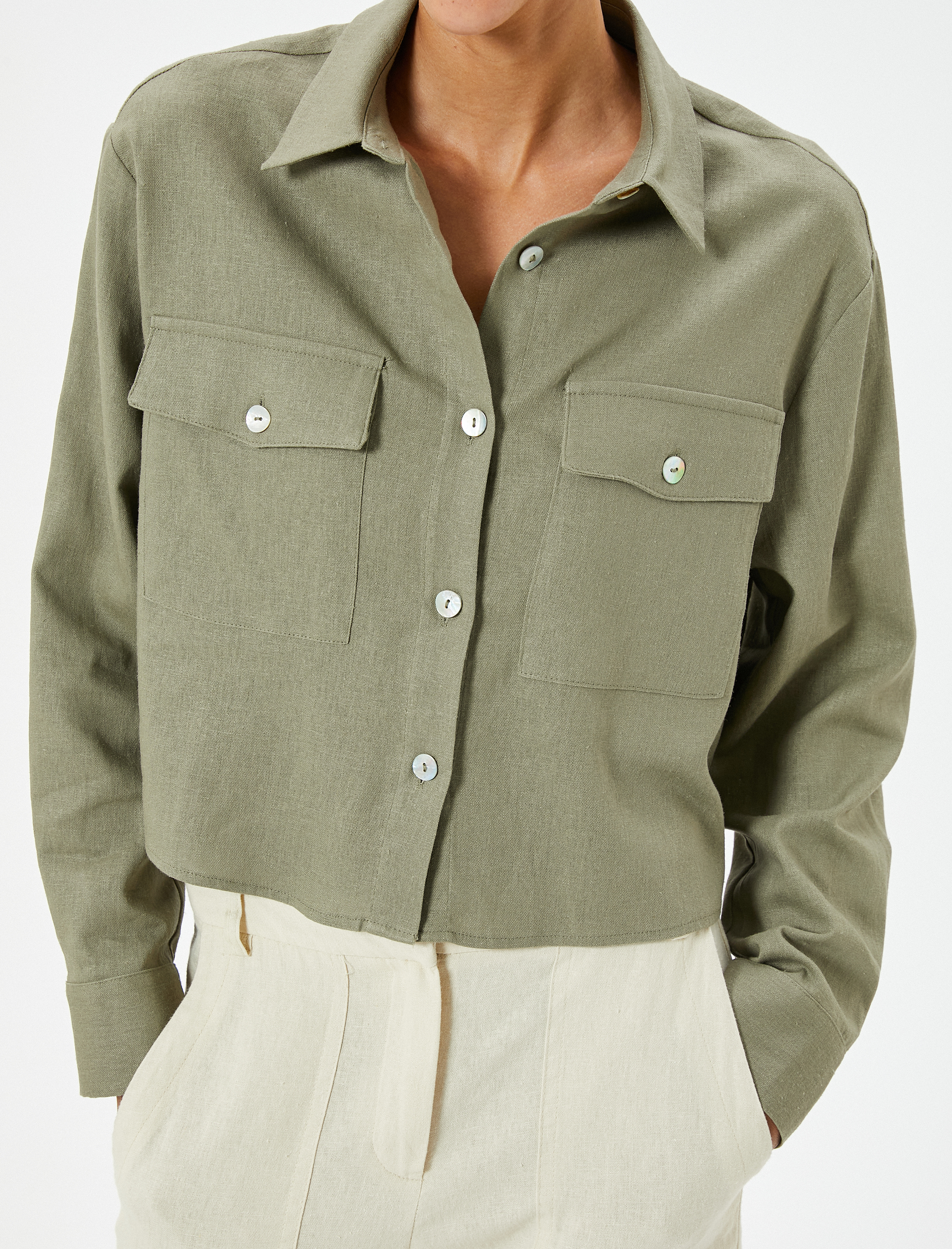   Crop Gömlek Keten Karışımlı Uzun Kollu Cepli Düğmeli