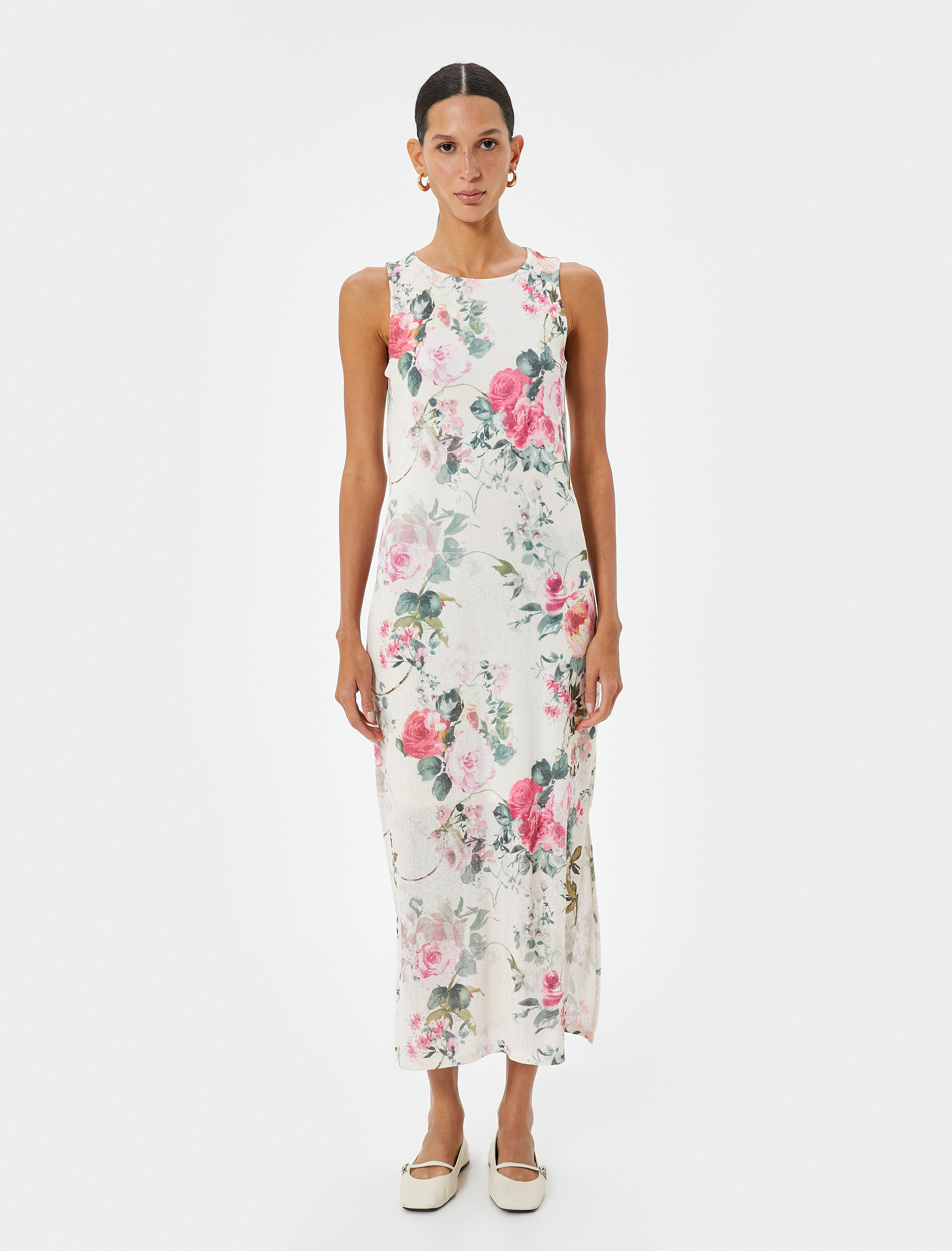   Çiçekli Uzun Elbise Kolsuz Yuvarlak Yaka Astarlı