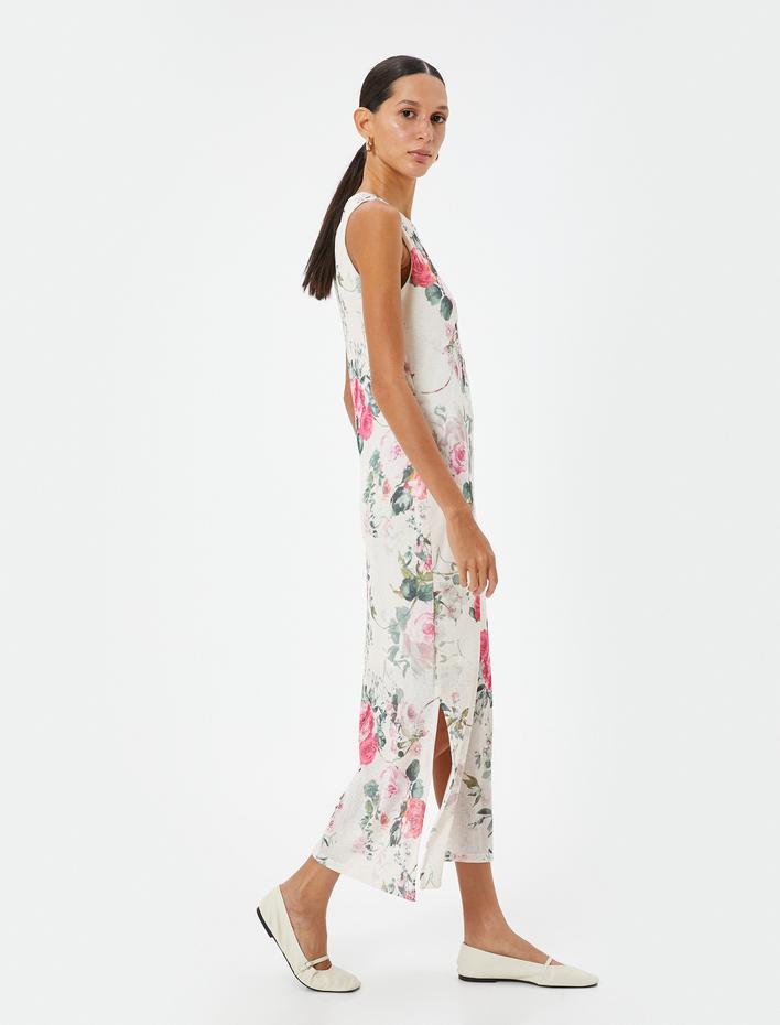  Çiçekli Uzun Elbise Kolsuz Yuvarlak Yaka Astarlı