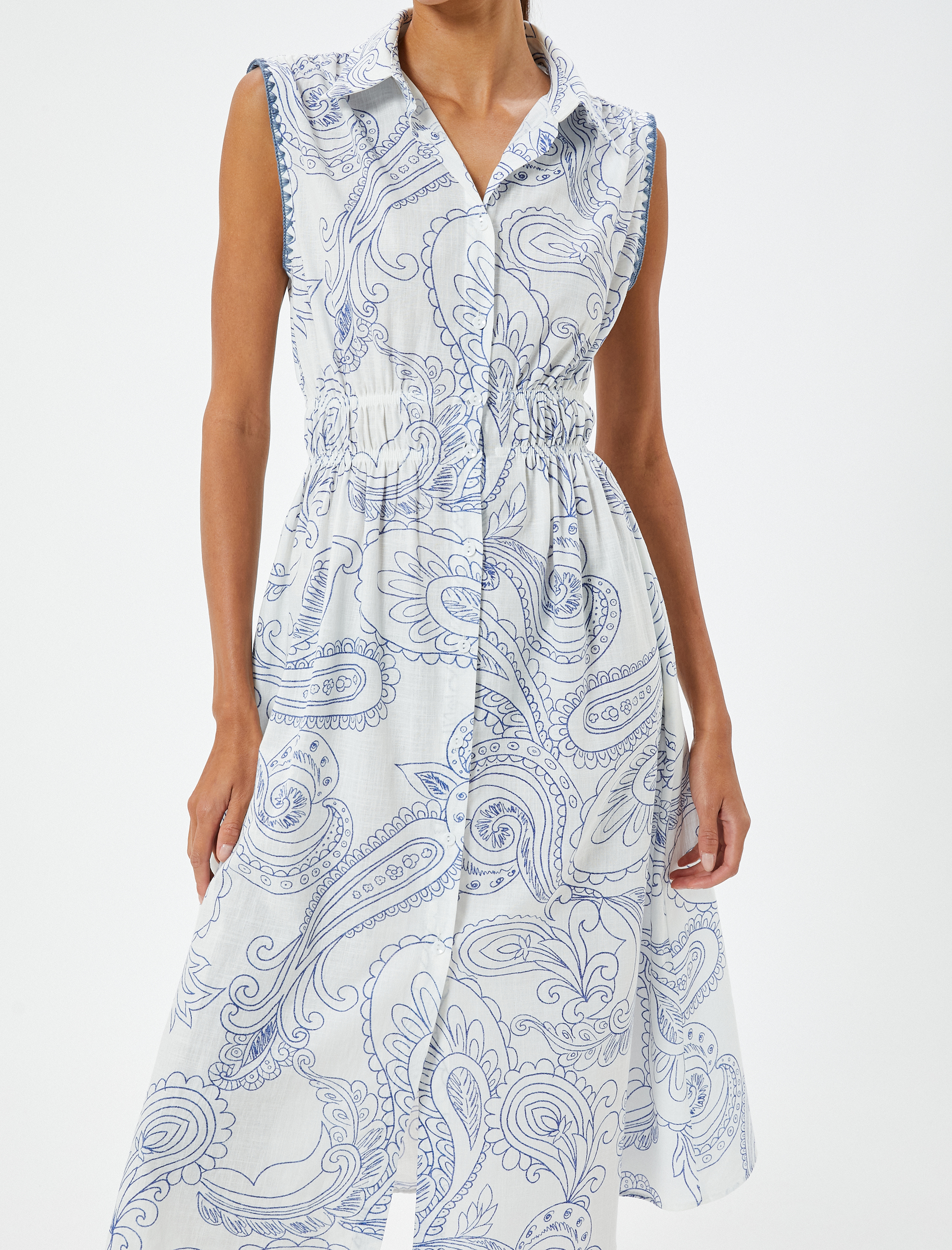   Çiçekli Midi Gömlek Elbise Kolsuz Beli Lastikli