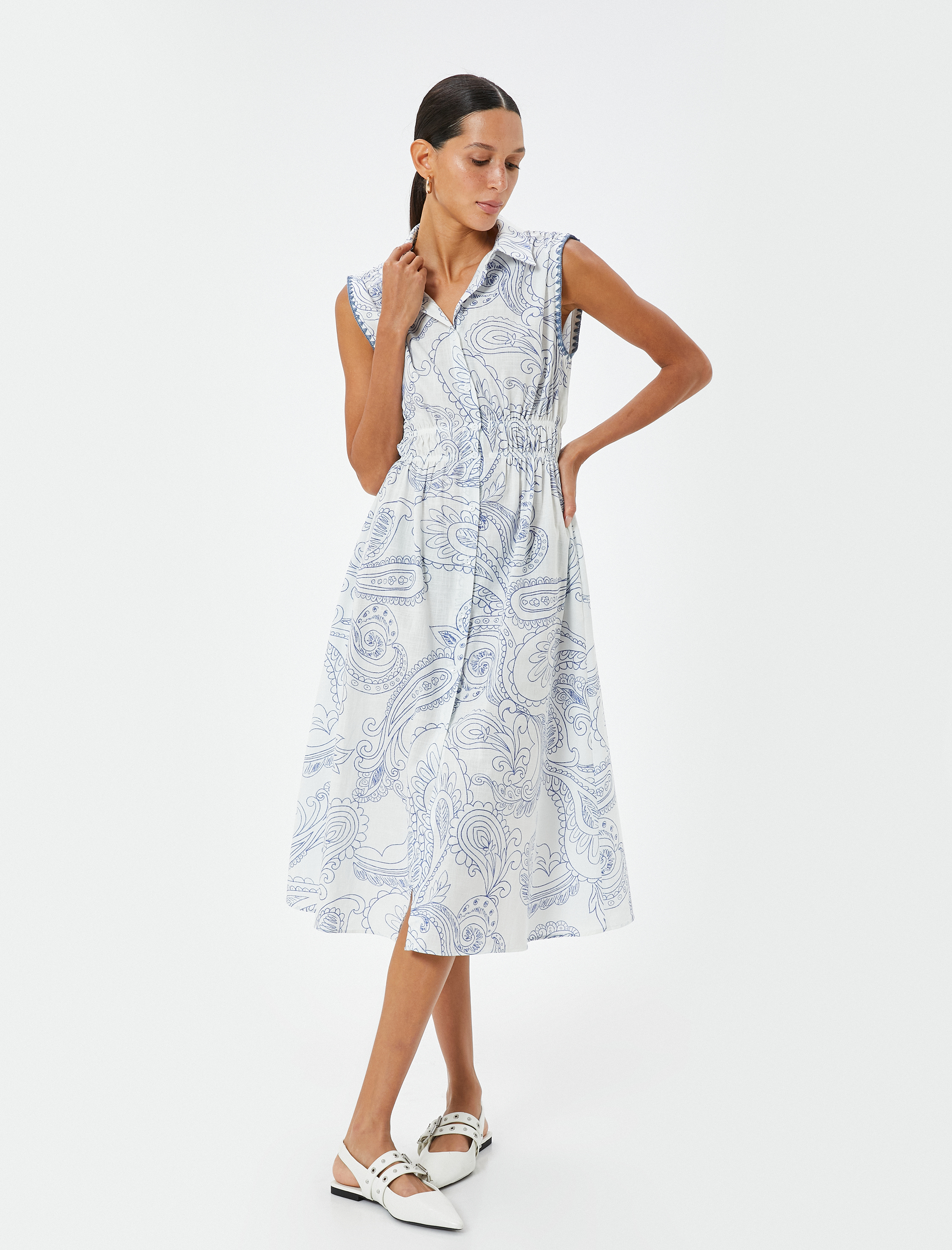   Çiçekli Midi Gömlek Elbise Kolsuz Beli Lastikli