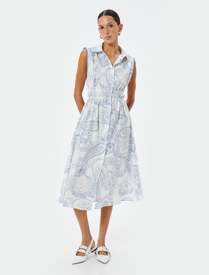  Çiçekli Midi Gömlek Elbise Kolsuz Beli Lastikli