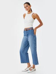 Geniş Paça Kemerli Kot Pantolon Yüksek Bel - Bianca Crop Jean