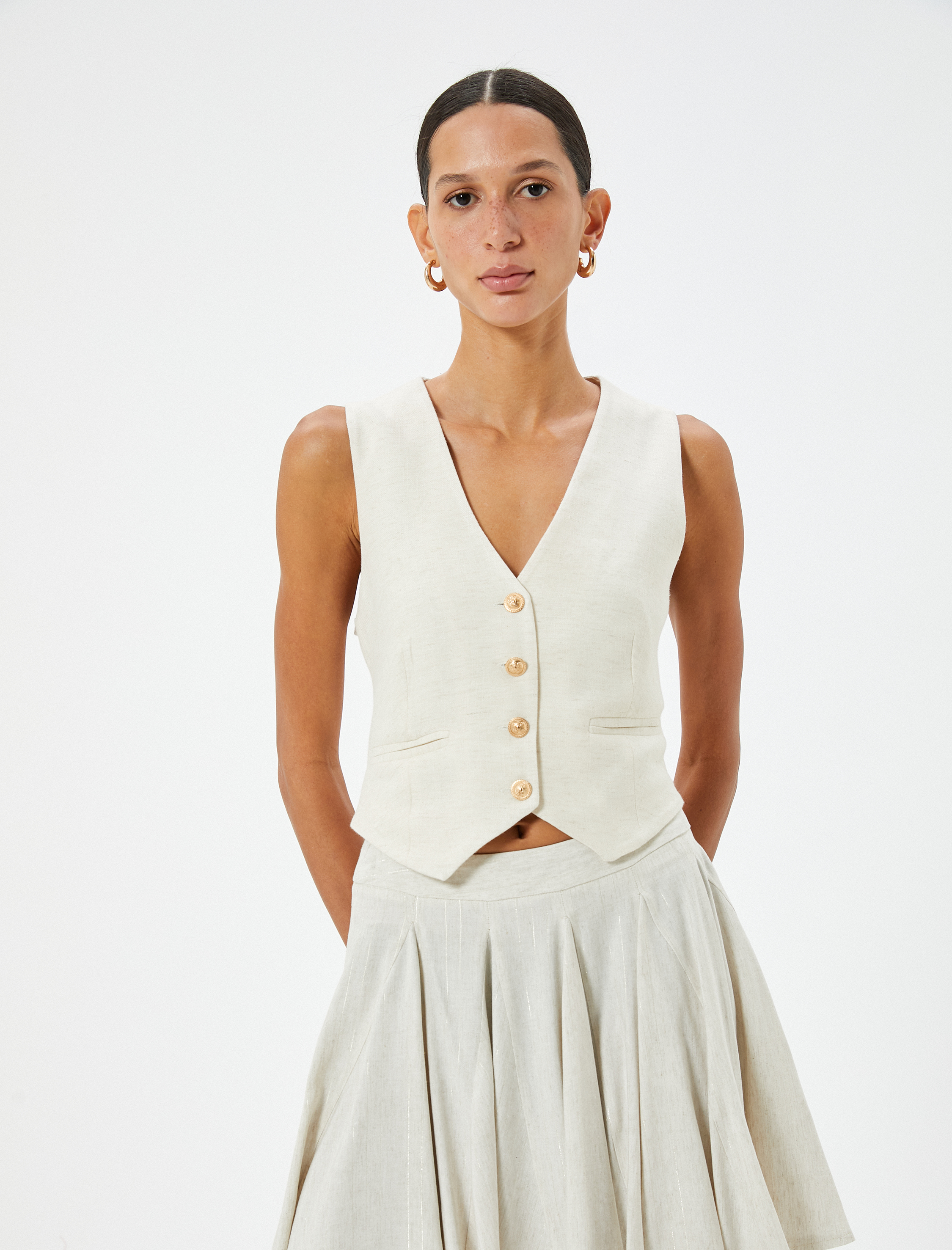   Keten Karışımlı Yelek Astarlı V Yaka Gold Düğmeli